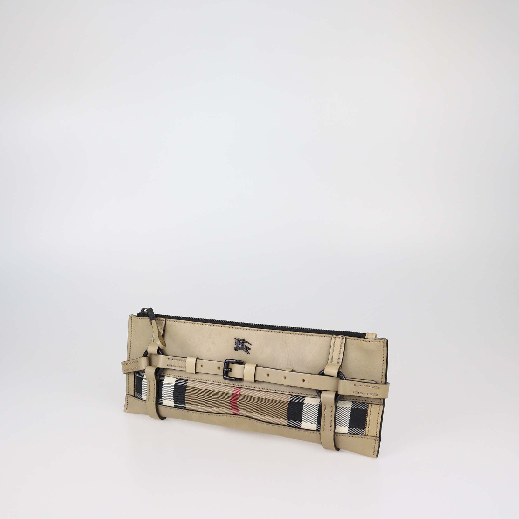Burberry Beige House Check Leather and Fabric Zip Clutch