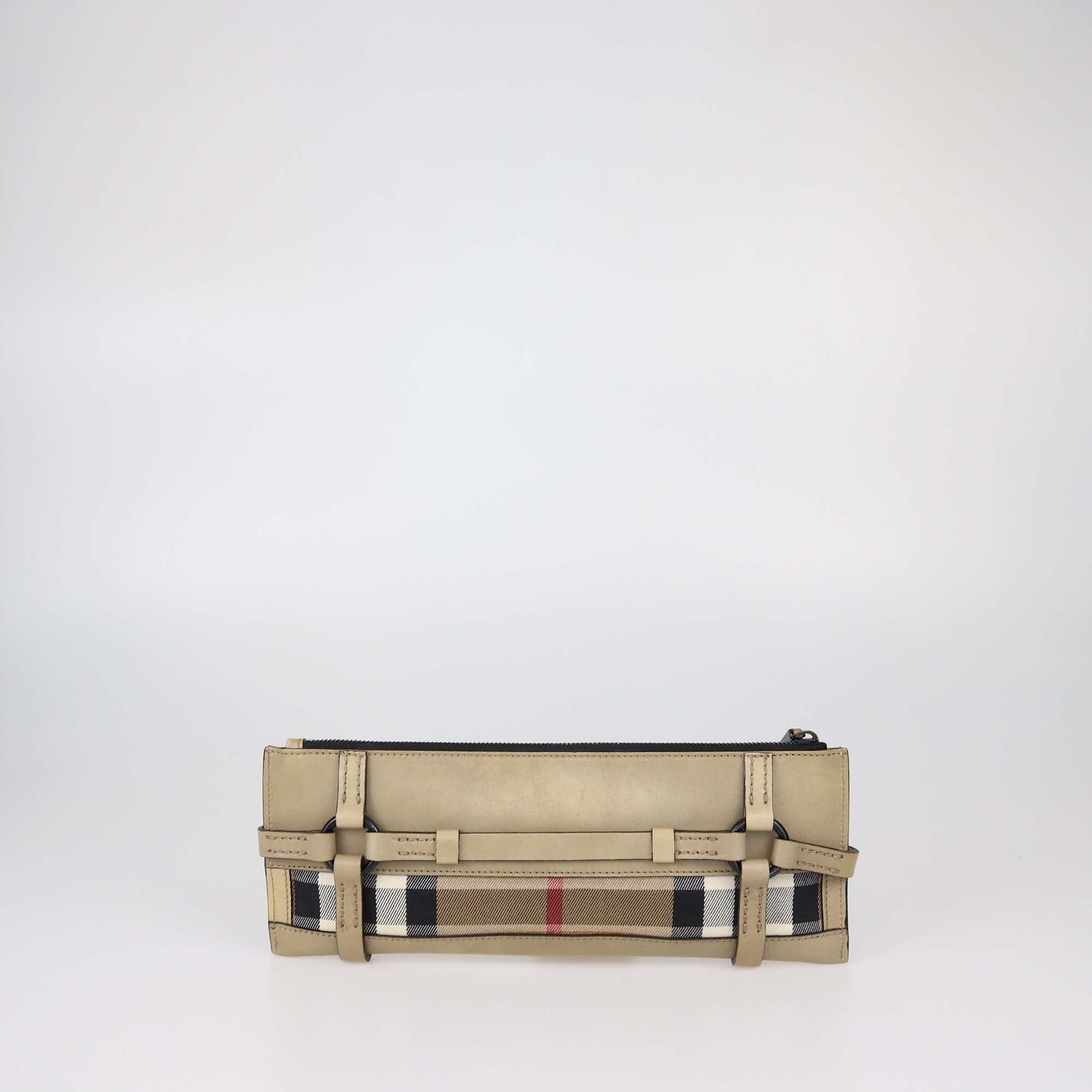 Burberry Beige House Check Leather and Fabric Zip Clutch