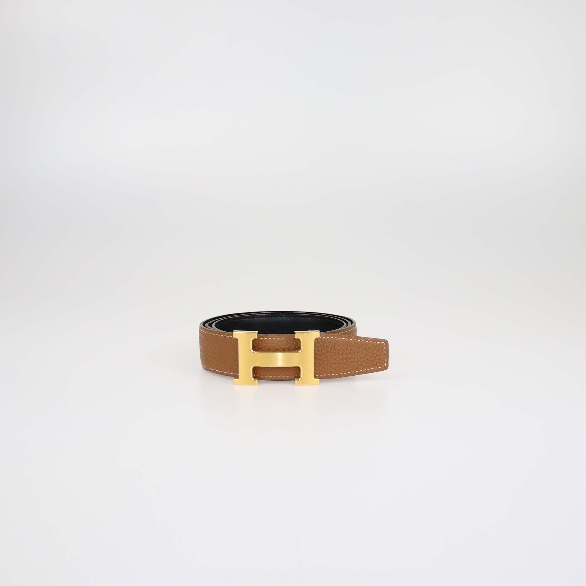 Hermes Gold/Black Clemence and Box Calf Leather Brushed H Buckle Reversible Belt