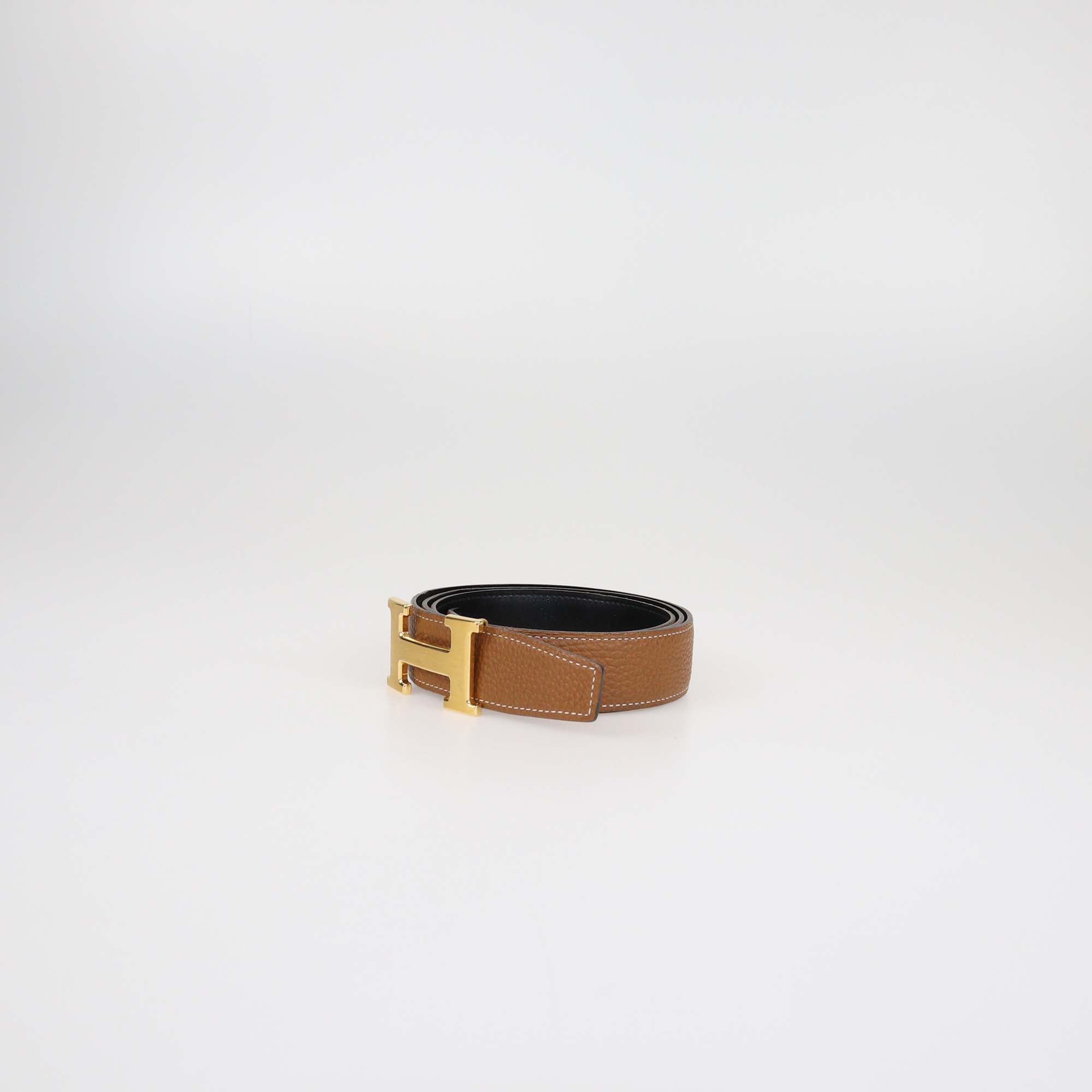 Hermes Gold/Black Clemence and Box Calf Leather Brushed H Buckle Reversible Belt