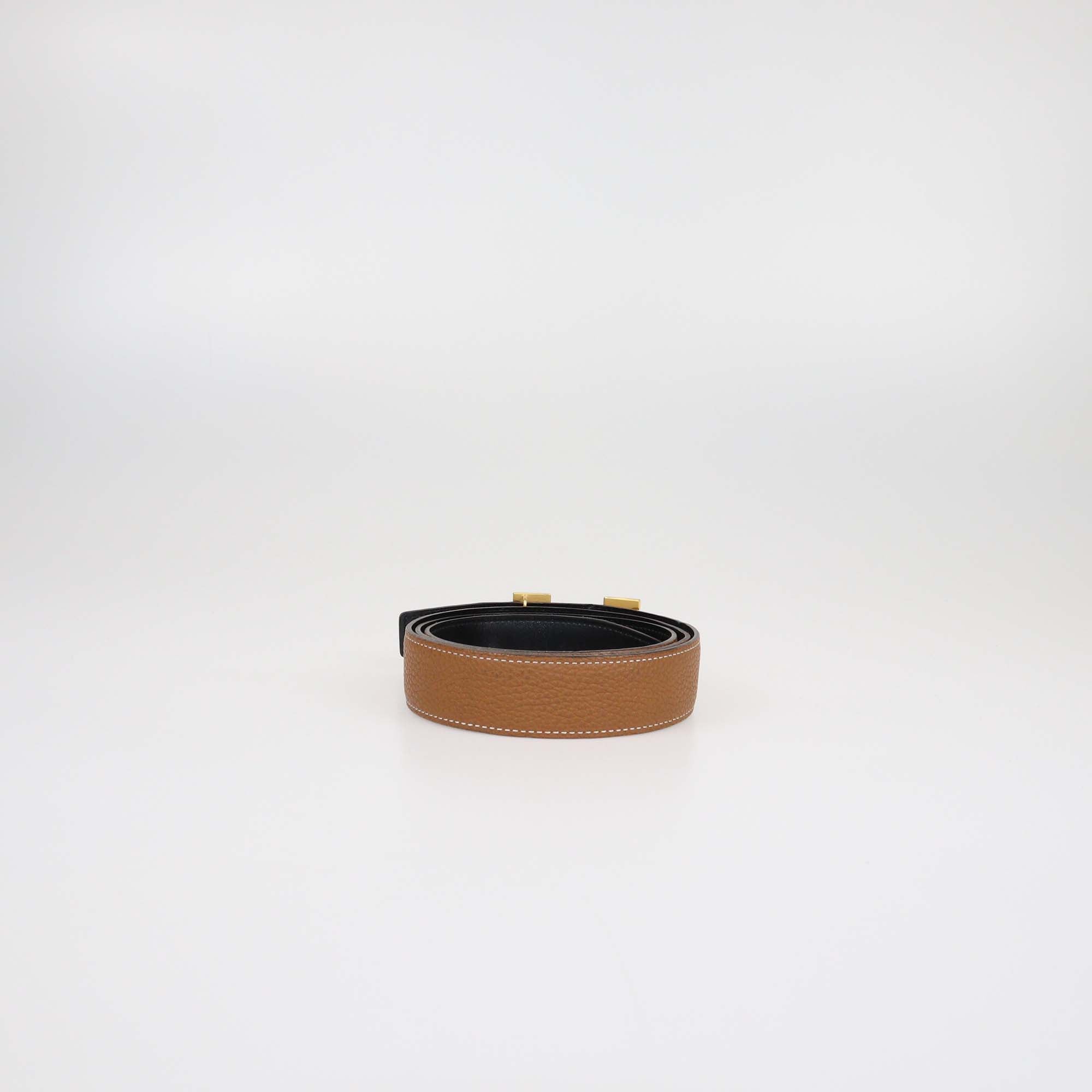 Hermes Gold/Black Clemence and Box Calf Leather Brushed H Buckle Reversible Belt