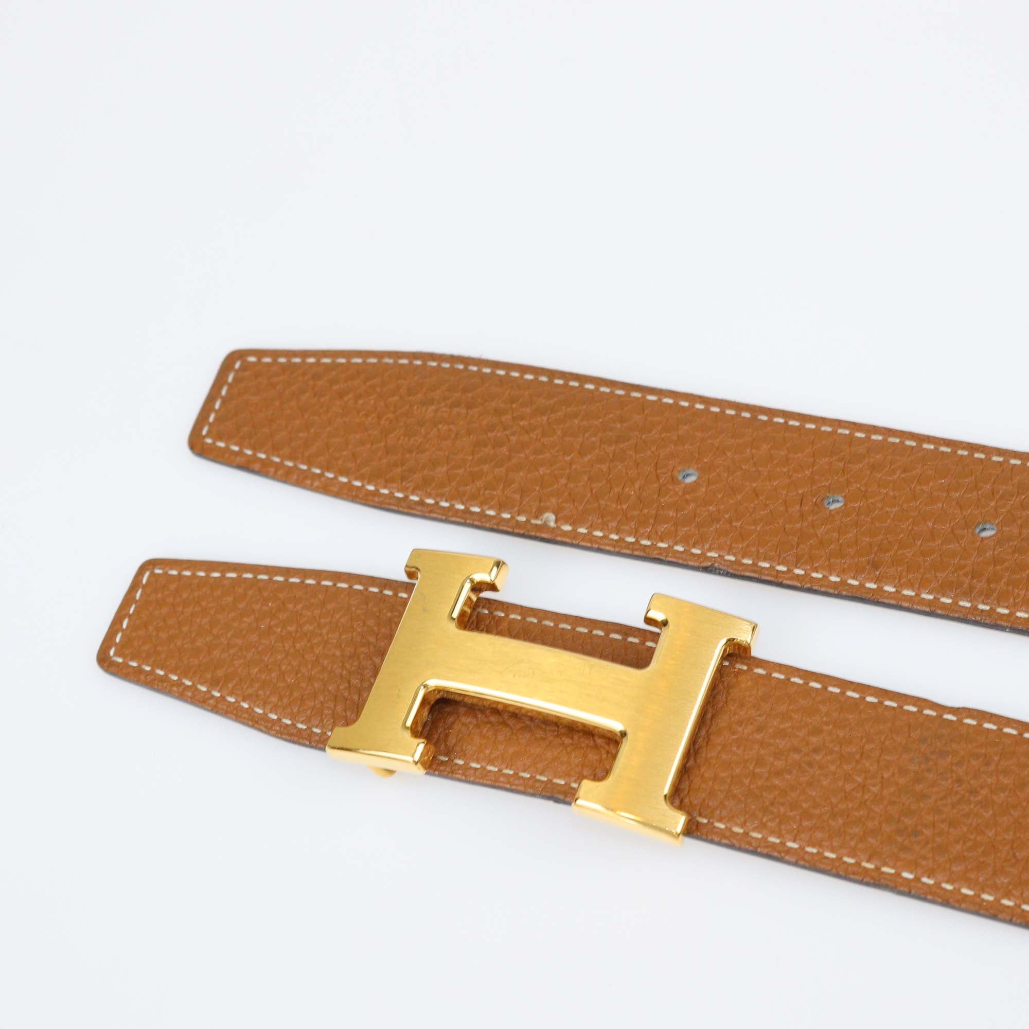 Hermes Gold/Black Clemence and Box Calf Leather Brushed H Buckle Reversible Belt