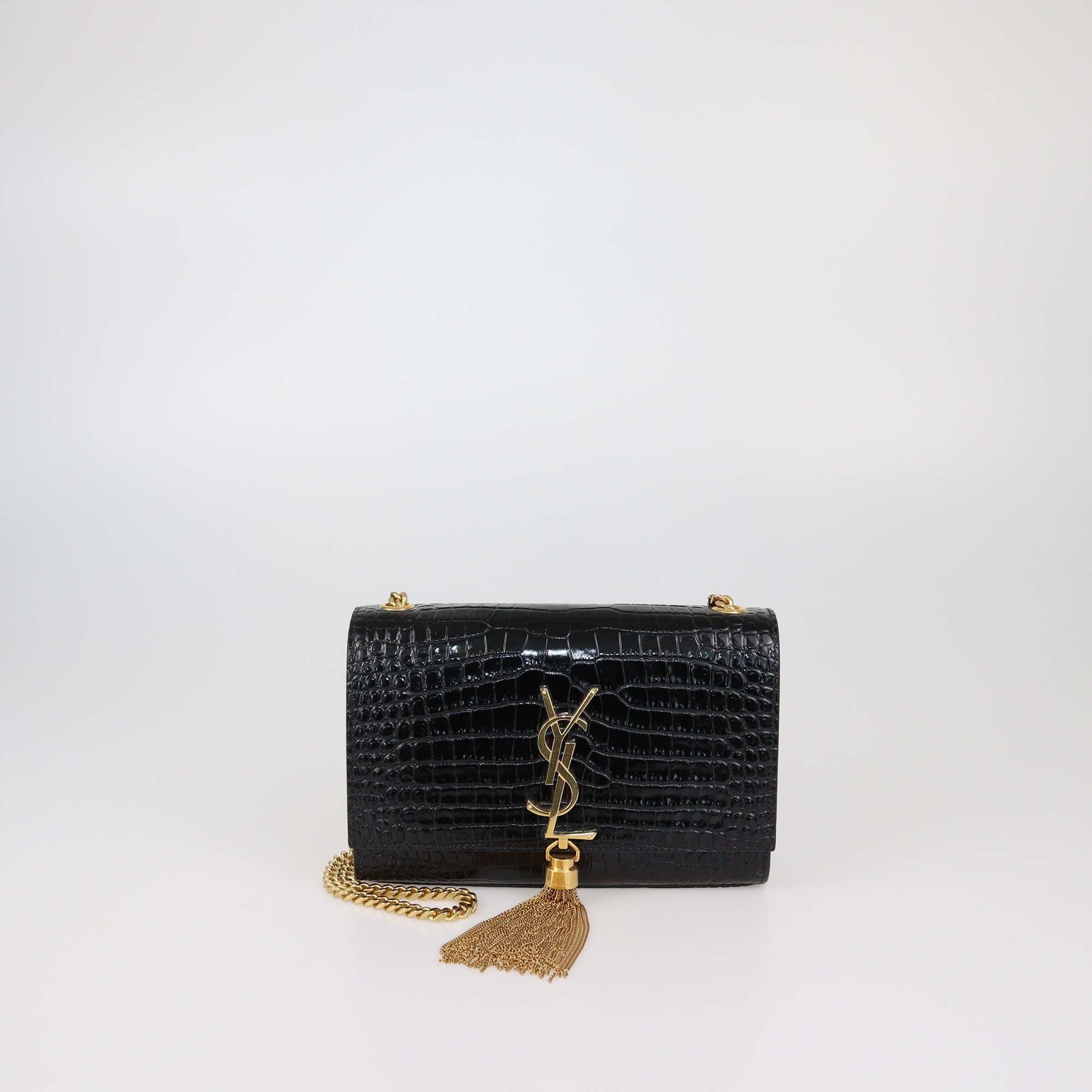 Saint Laurent Black Croc Embossed Leather New Small Kate Tassel Shoulder Bag