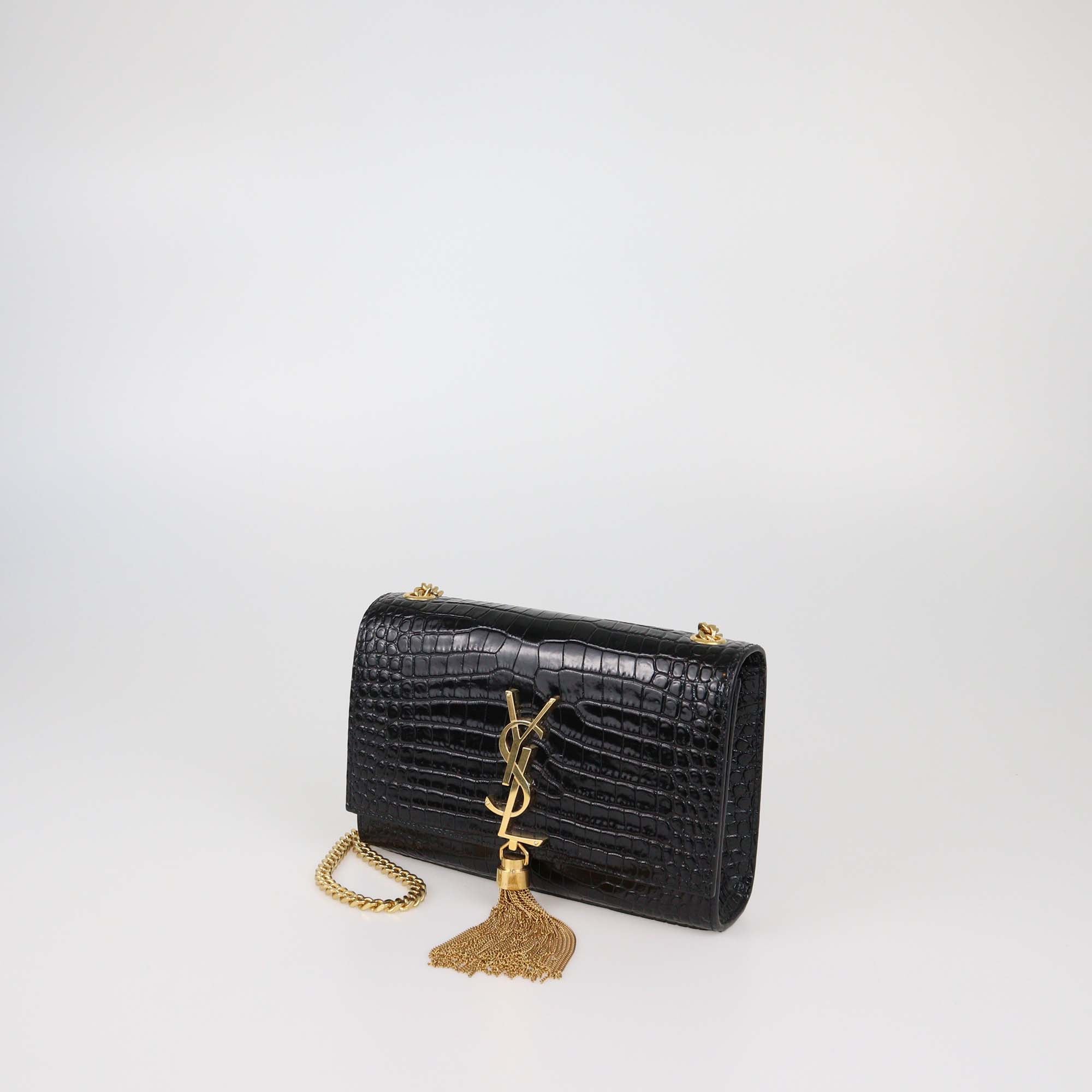 Saint Laurent Black Croc Embossed Leather New Small Kate Tassel Shoulder Bag