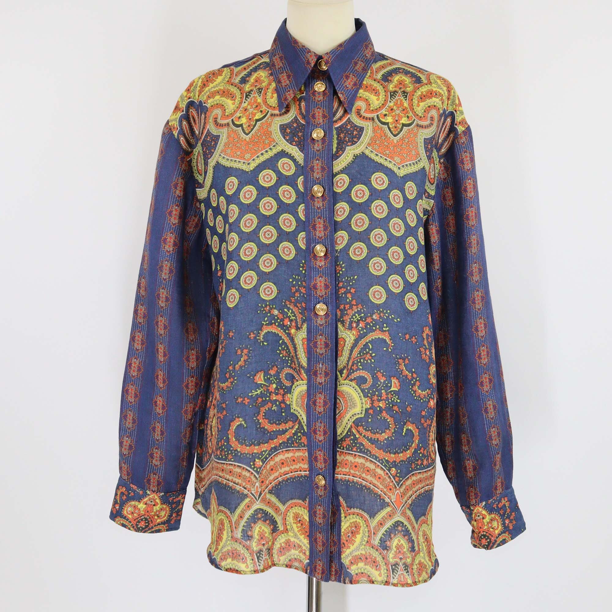 Valentino Multicolor Gabardine Paisley Print Linen Long Sleeve Shirt Womens Valentino