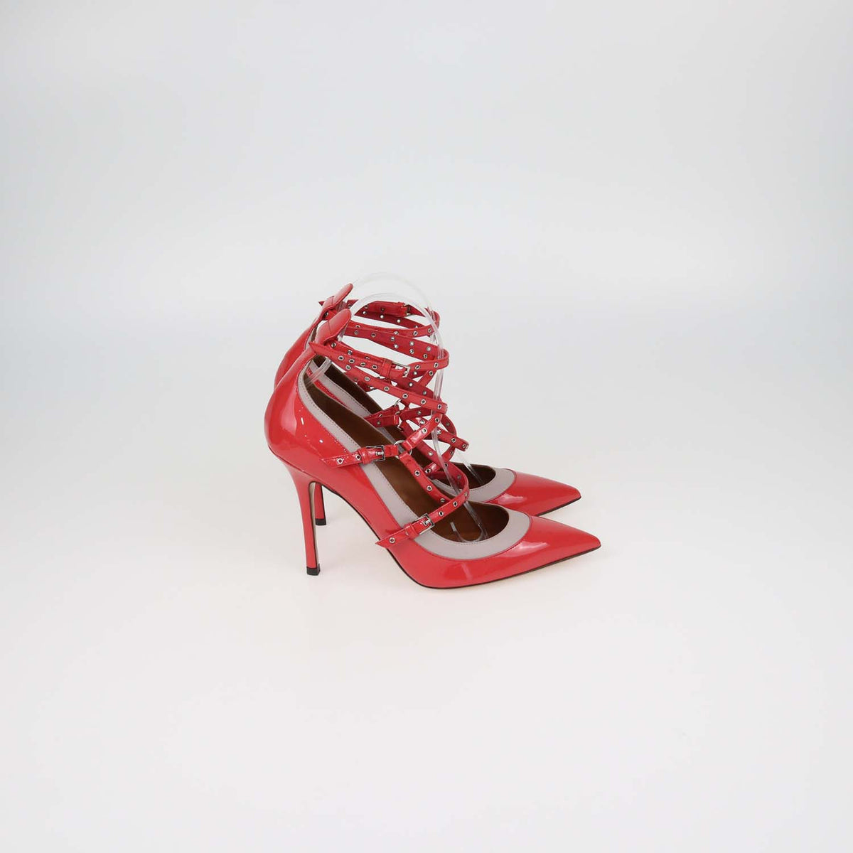 Valentino Coral Red,Grey Patent Leather Love Latch Pumps