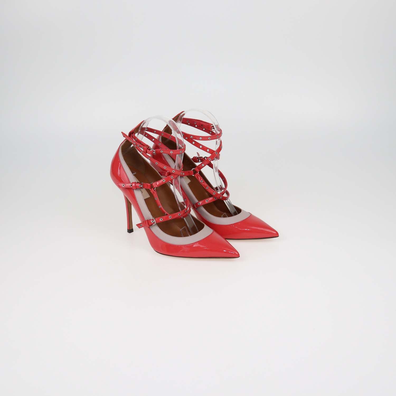 Valentino Coral Red,Grey Patent Leather Love Latch Pumps