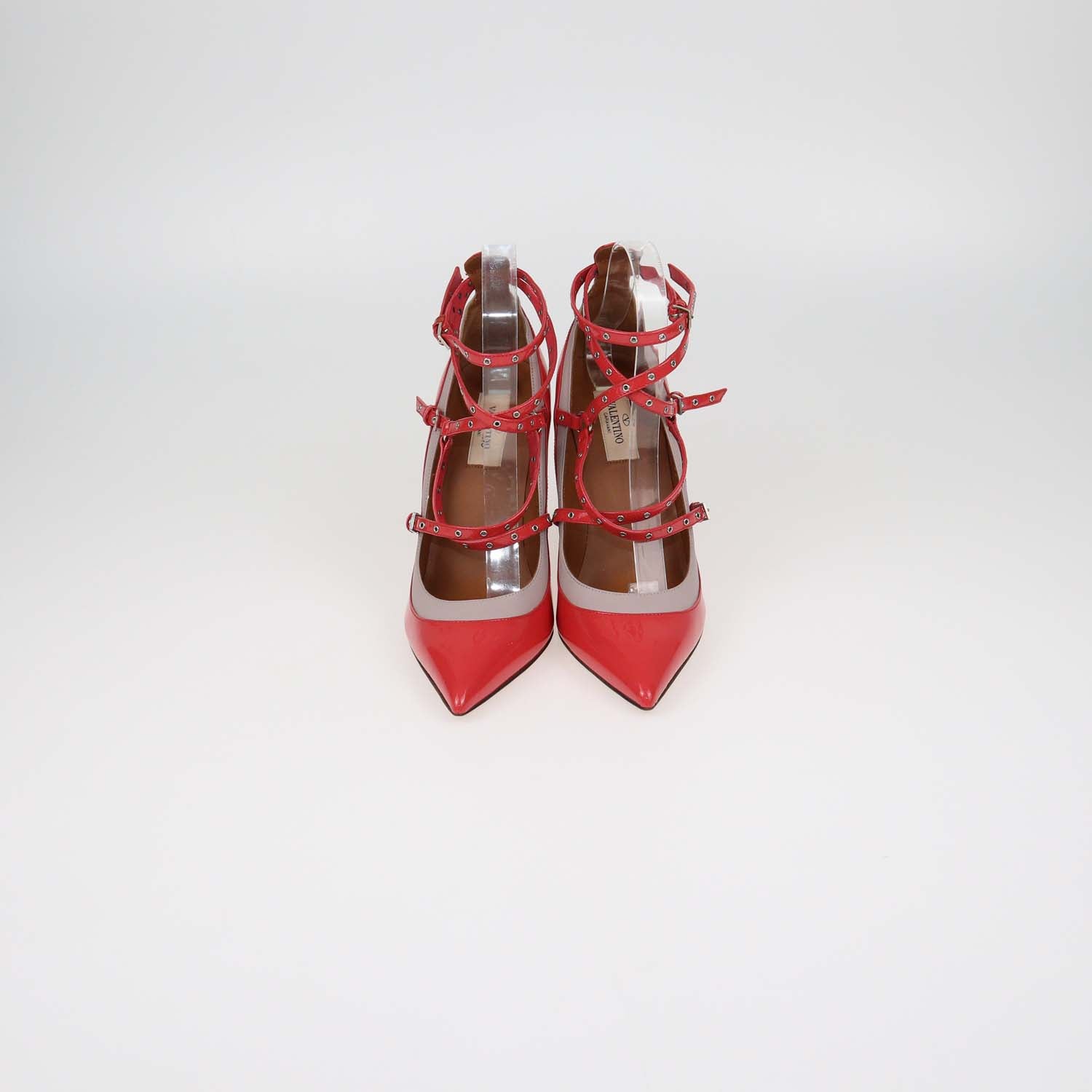 Valentino Coral Red,Grey Patent Leather Love Latch Pumps