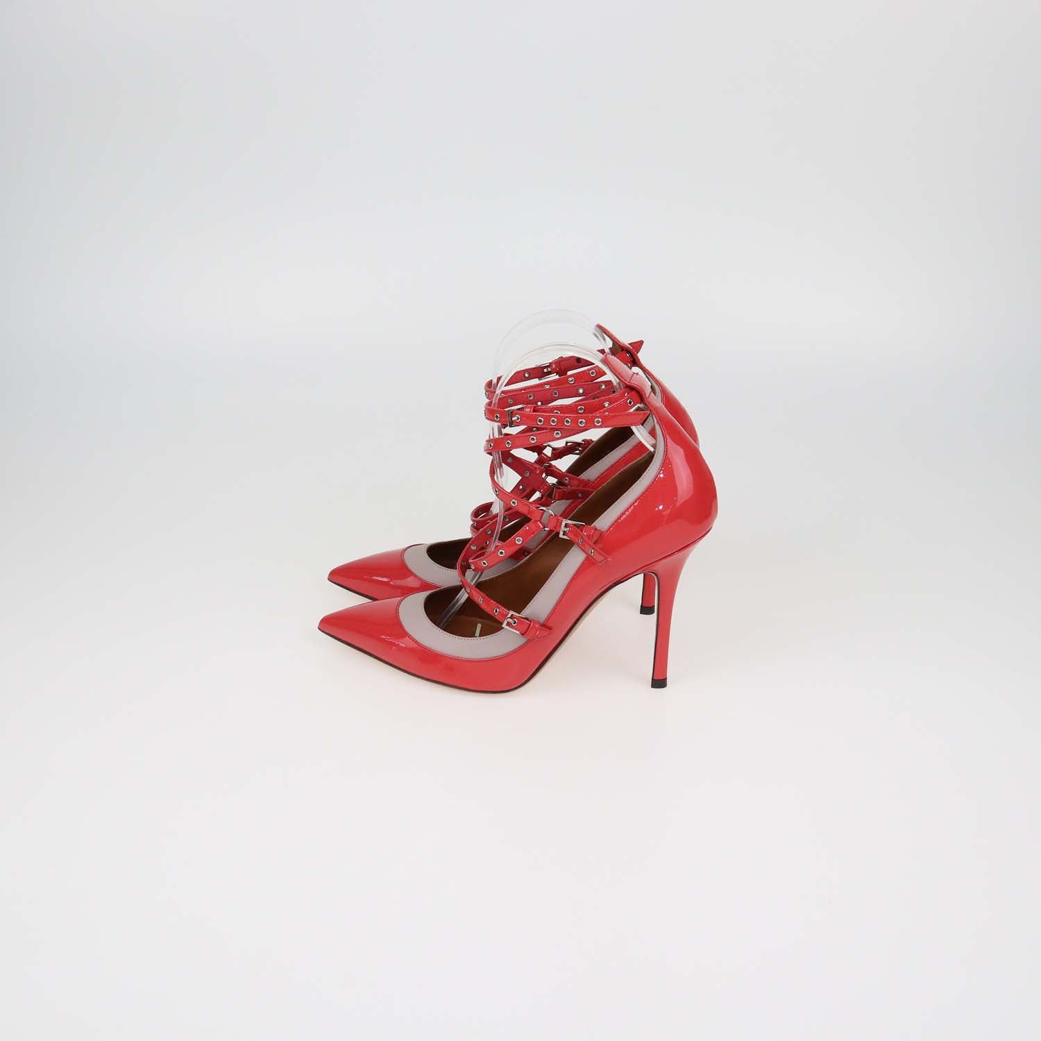 Valentino Coral Red,Grey Patent Leather Love Latch Pumps
