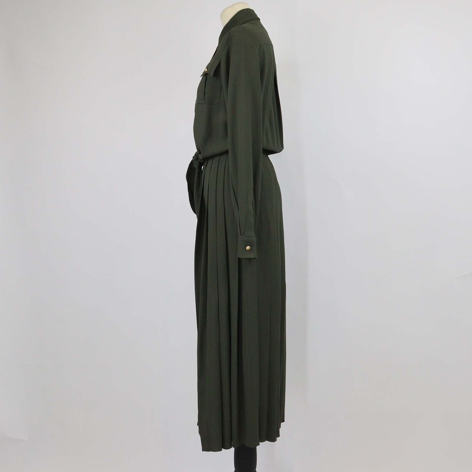 Celine Olive Viscose Blend Long Sleeves Pleated Long Shirt Dress