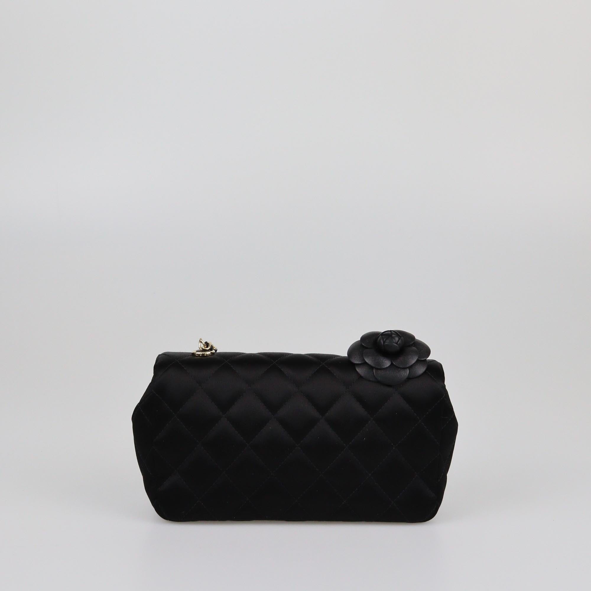 Chanel Black Quilted Satin Extra Mini Camellia Shoulder Bag Womens Chanel