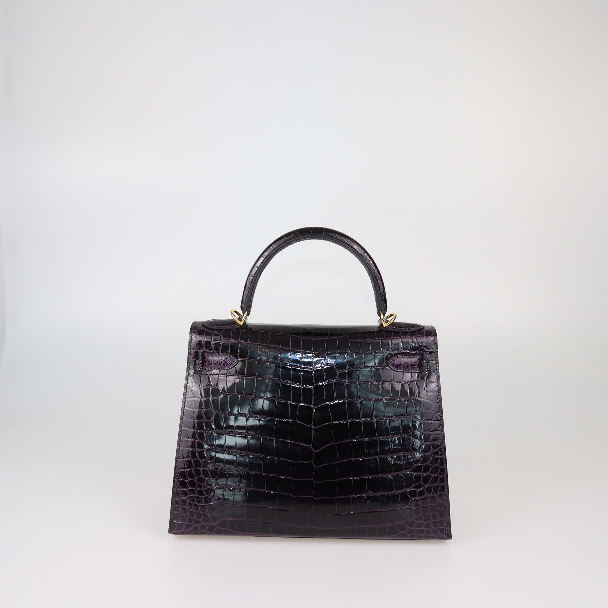 Hermes Amethyst Crocodile Porosus Gold Hardware Kelly Sellier 28 Bag