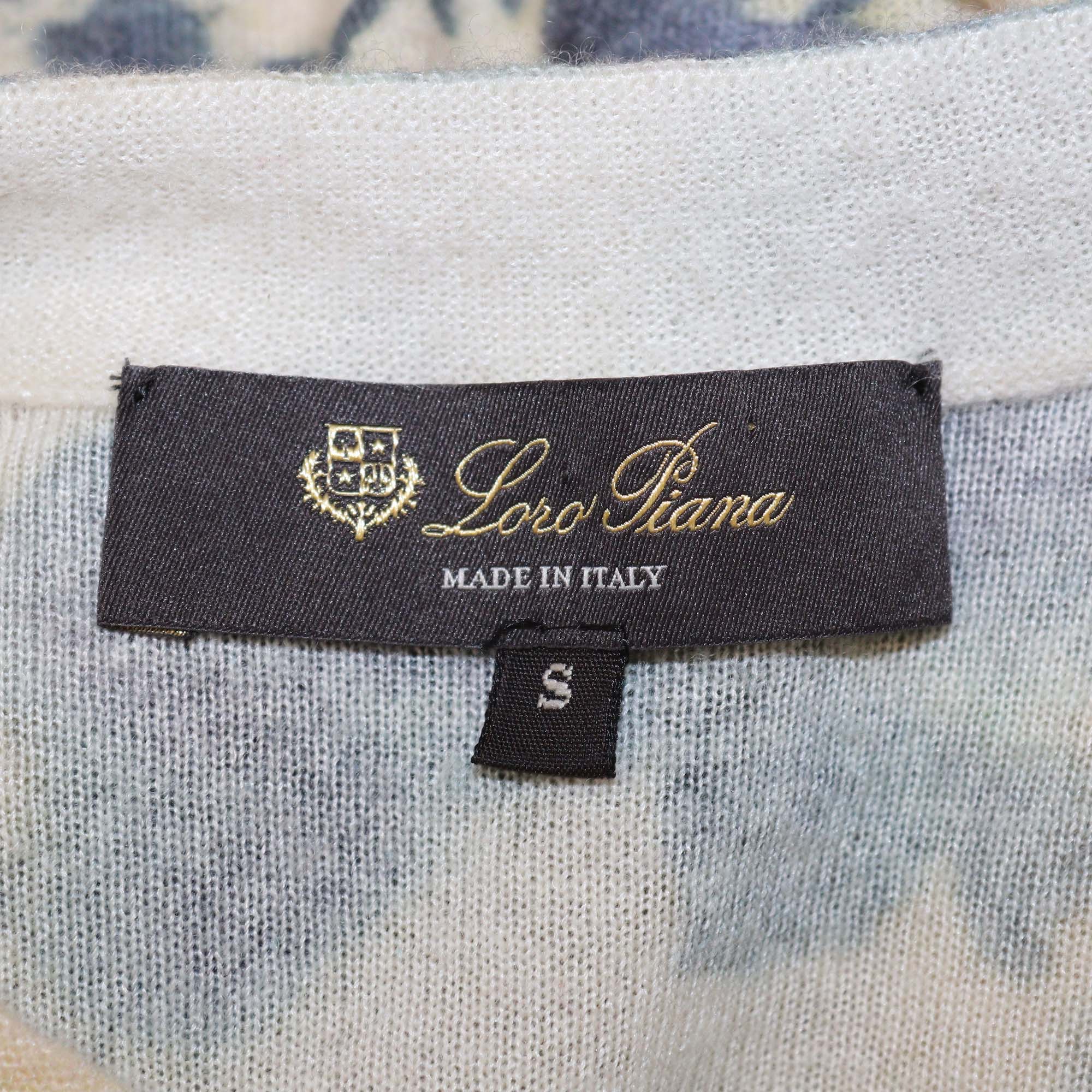 Loro Piana Cream/Blue Cashmere Silk Blend Eyes Hill Floral Print Sweater