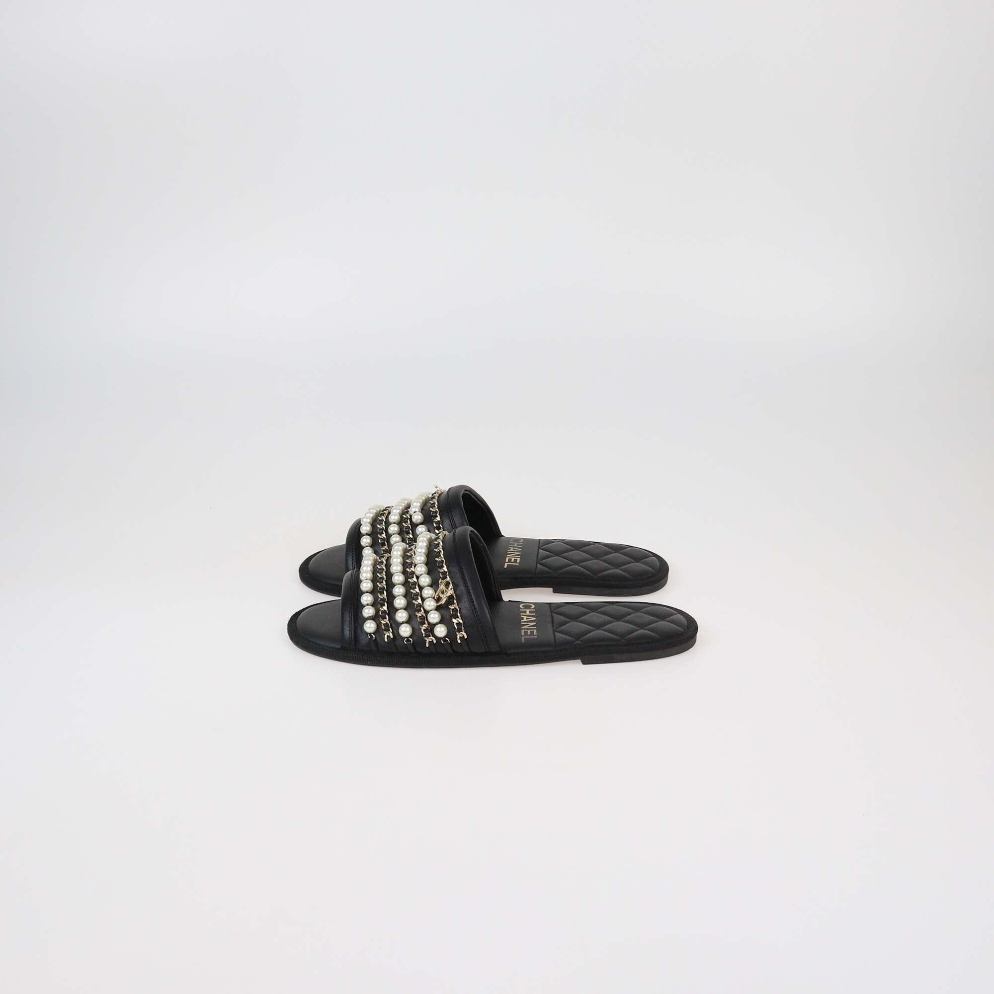 Chanel Black Leather Pearl & Chain Flats Womens Chanel