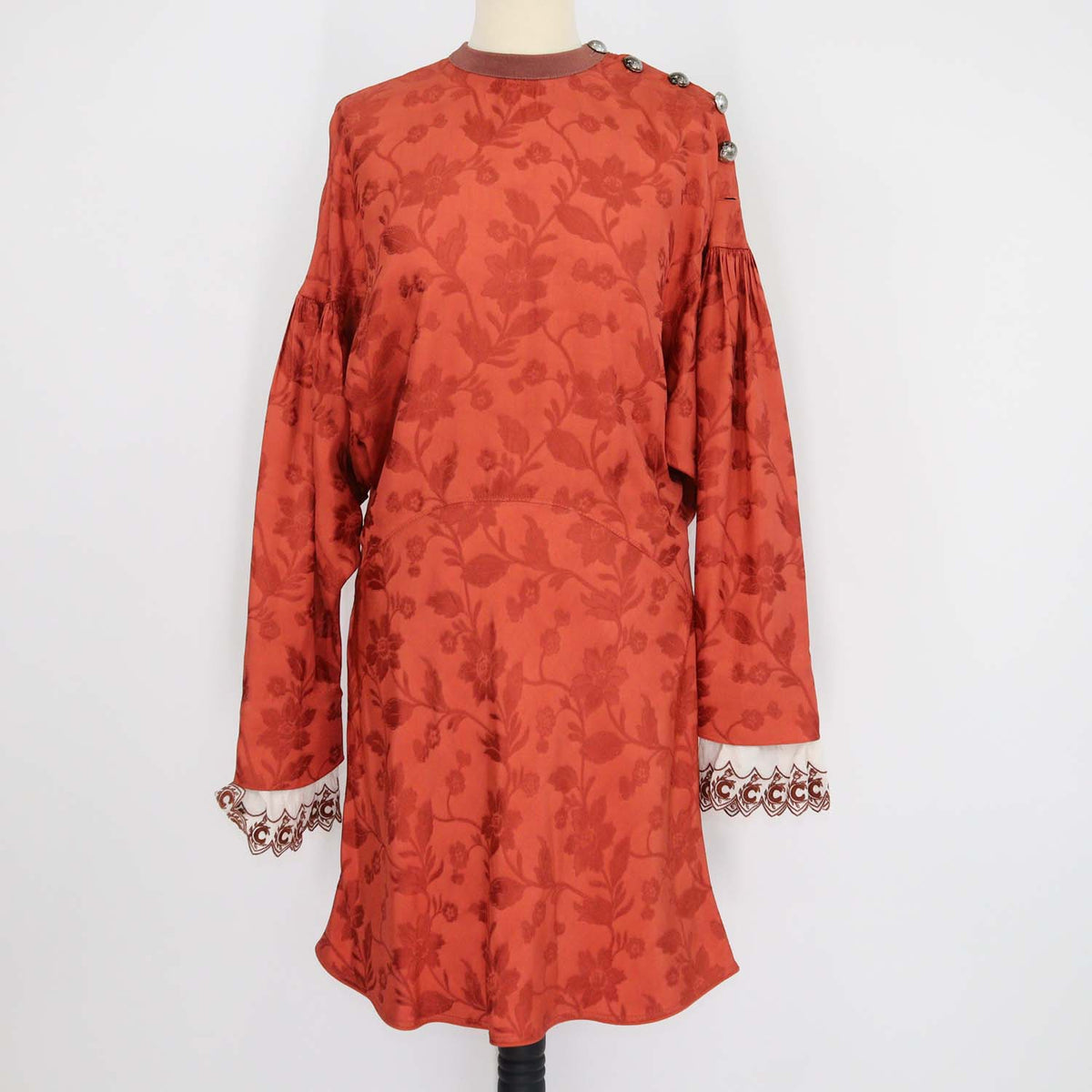 Chloe Burnt Ochre Viscose Flower Pattern Long Sleeve Button Dress