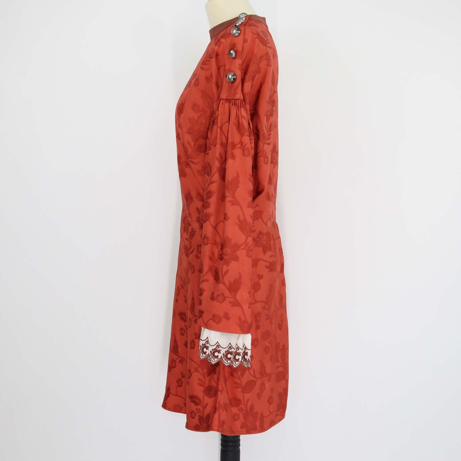 Chloe Burnt Ochre Viscose Flower Pattern Long Sleeve Button Dress
