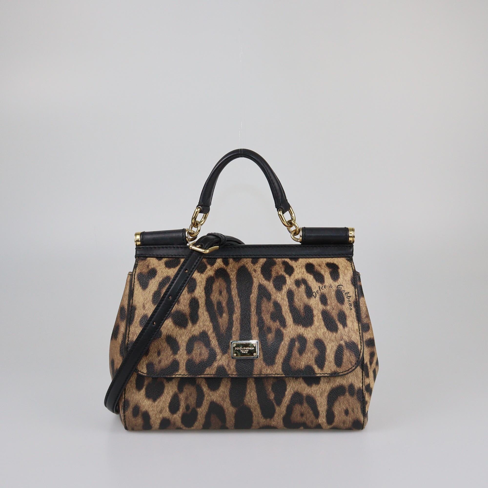 Dolce & Gabbana Black/Beige Leopard Print Small Miss Sicily Top Handle Bag Womens Dolce & Gabbana