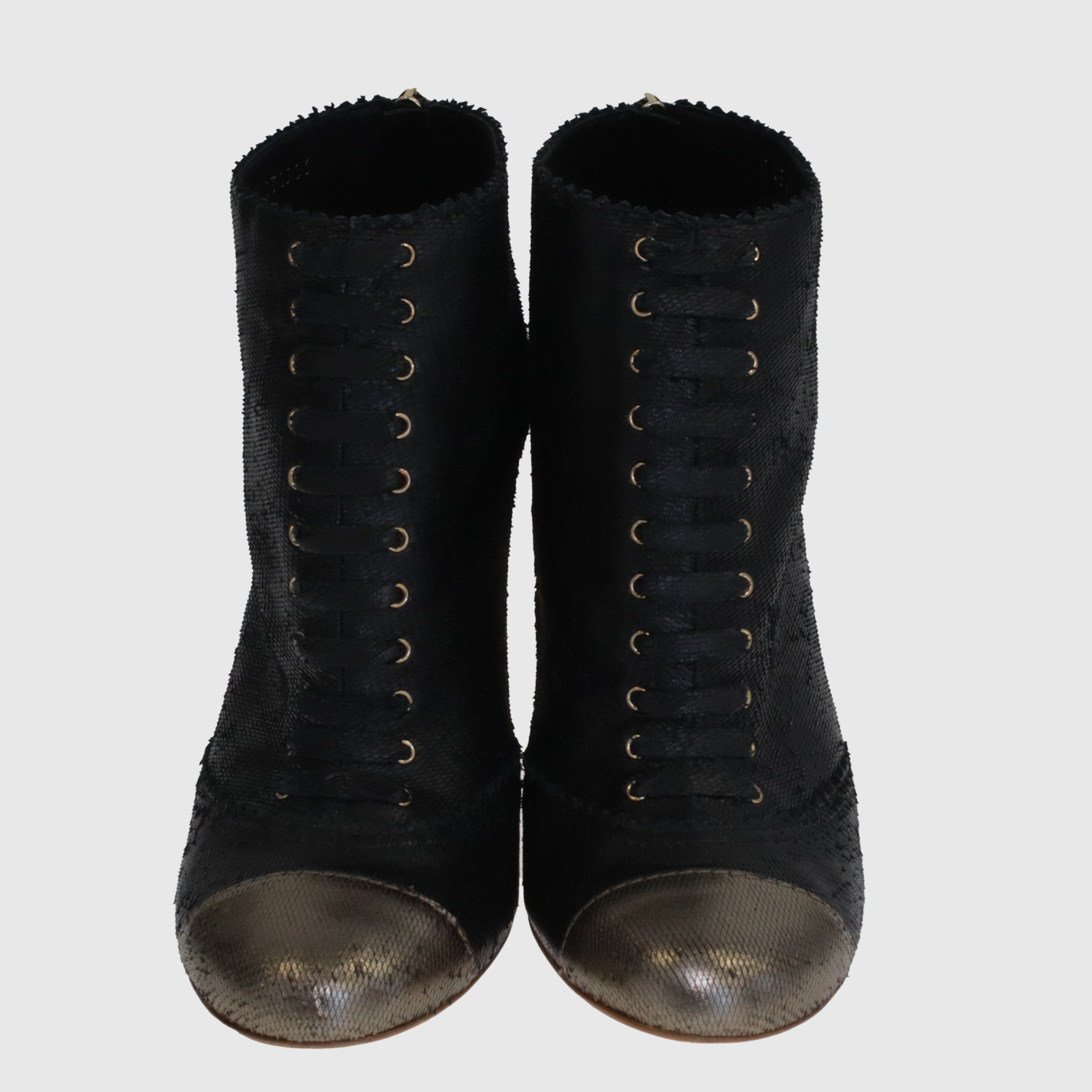 Black/Gold Paris-Salzburg Interlocking CC Logo Lace-Up Boots Shoes Chanel