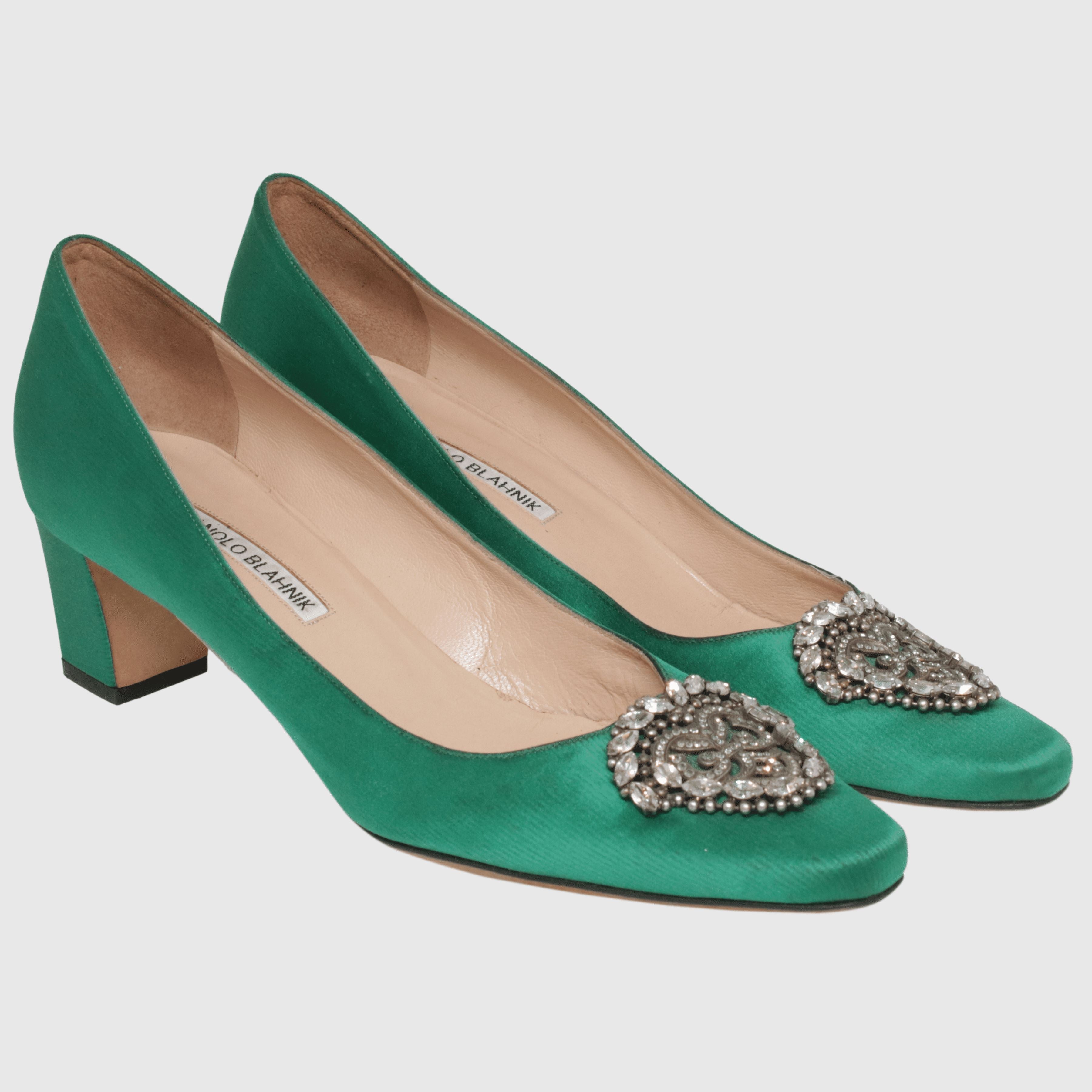 Emerald Green Okkato Crystal Embellished Block Heel Pumps Shoes Manolo Blahnik 
