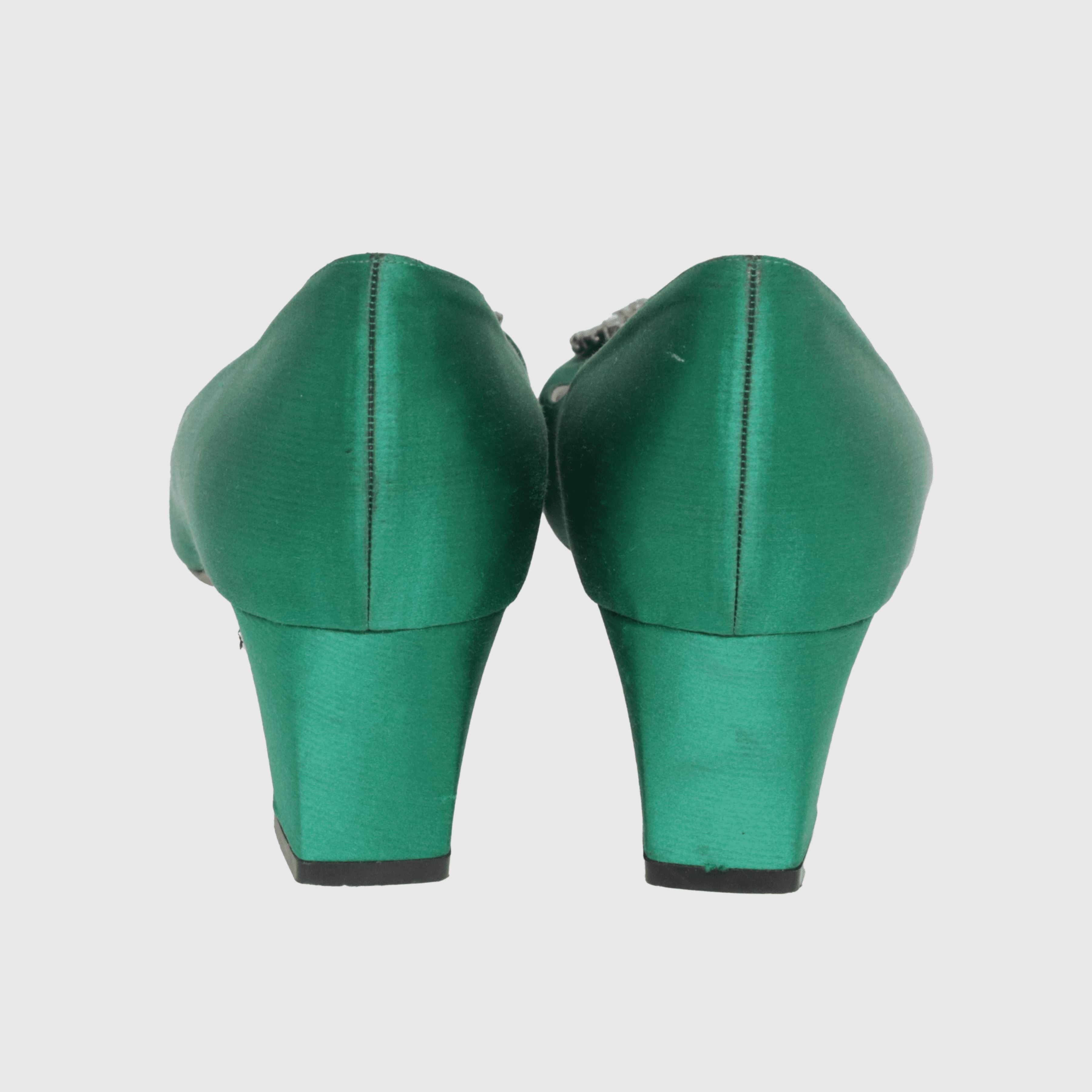 Emerald Green Okkato Crystal Embellished Block Heel Pumps Shoes Manolo Blahnik