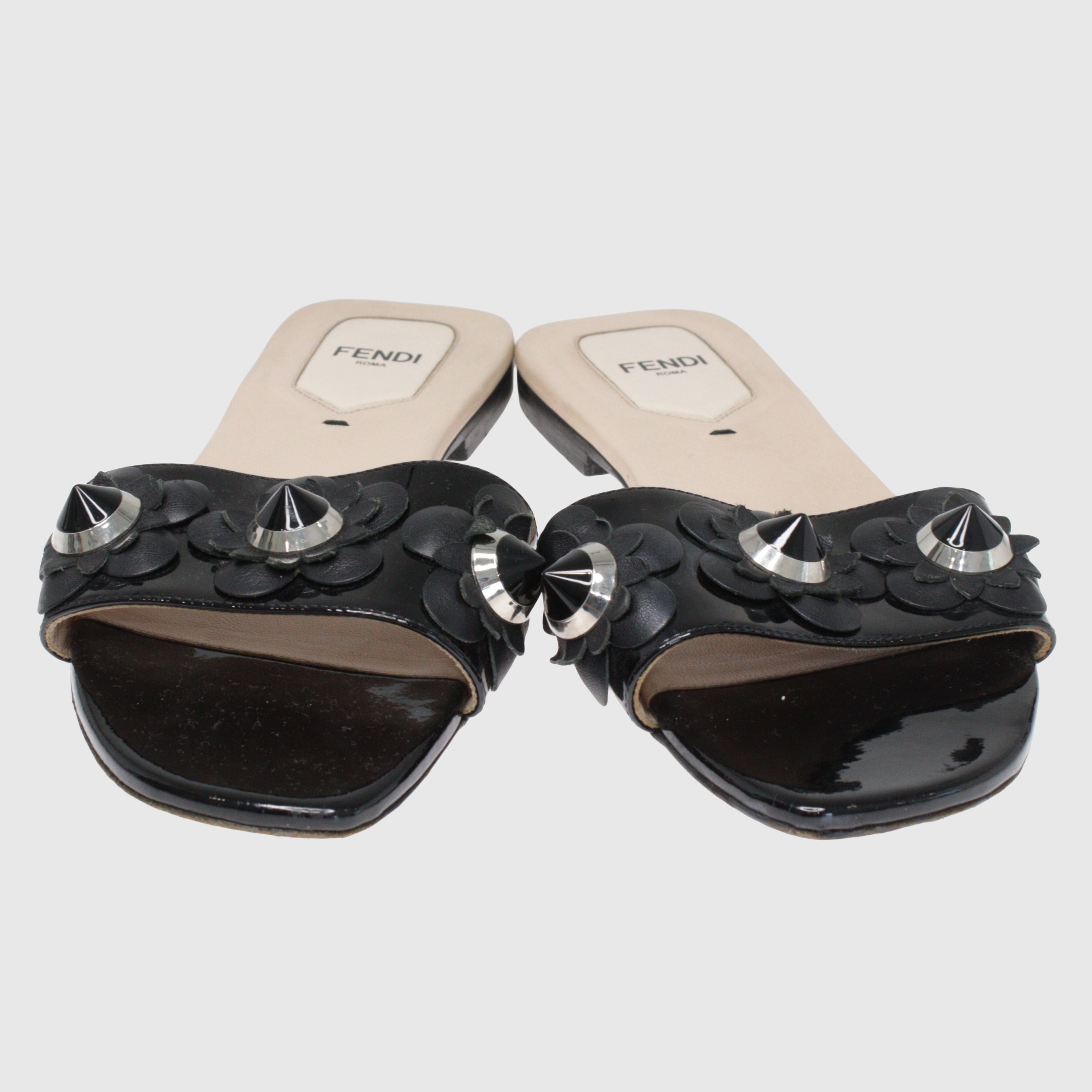 Black Flowerland Flat Slides Shoes Fendi