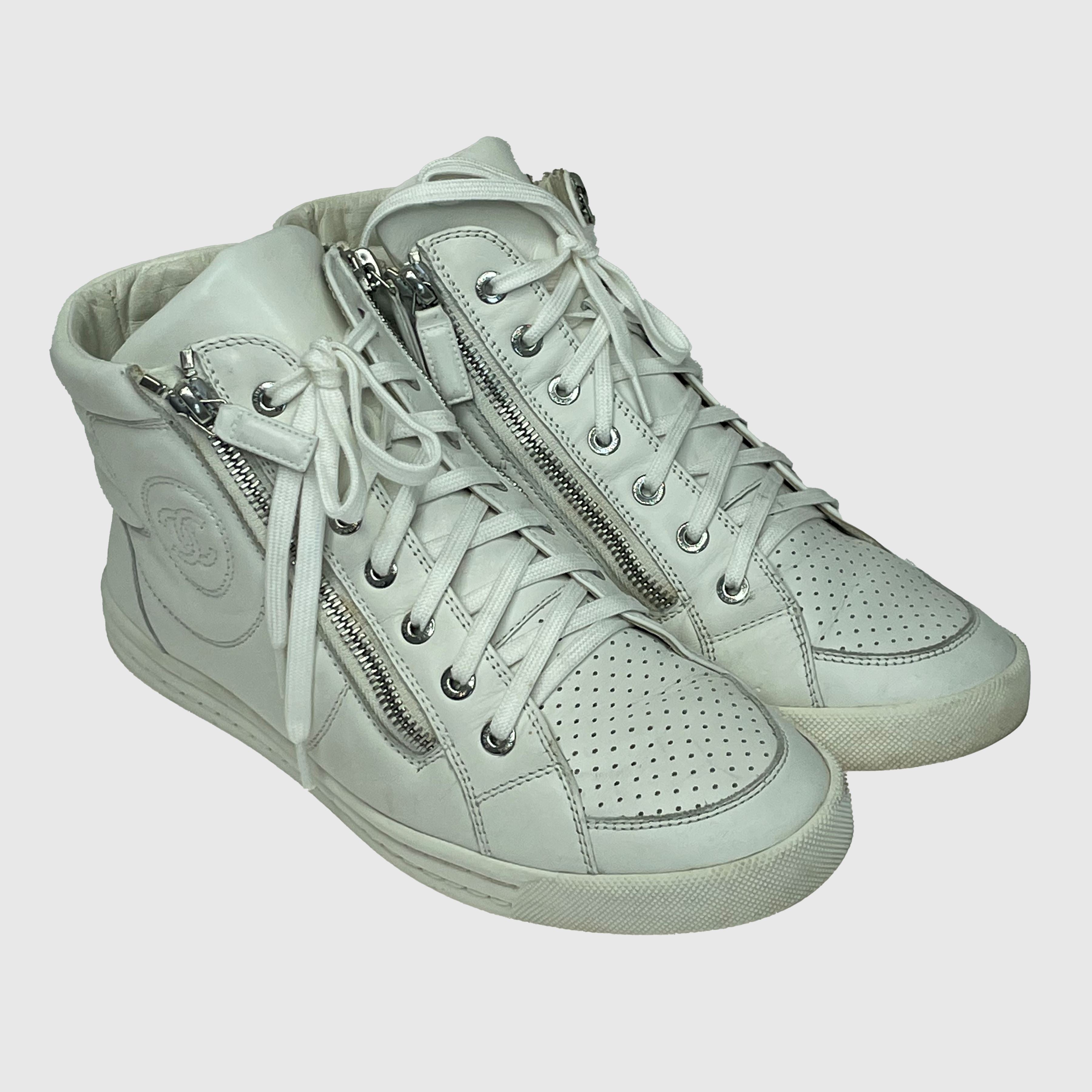 White Leather CC High Top Sneakers Shoes Chanel 