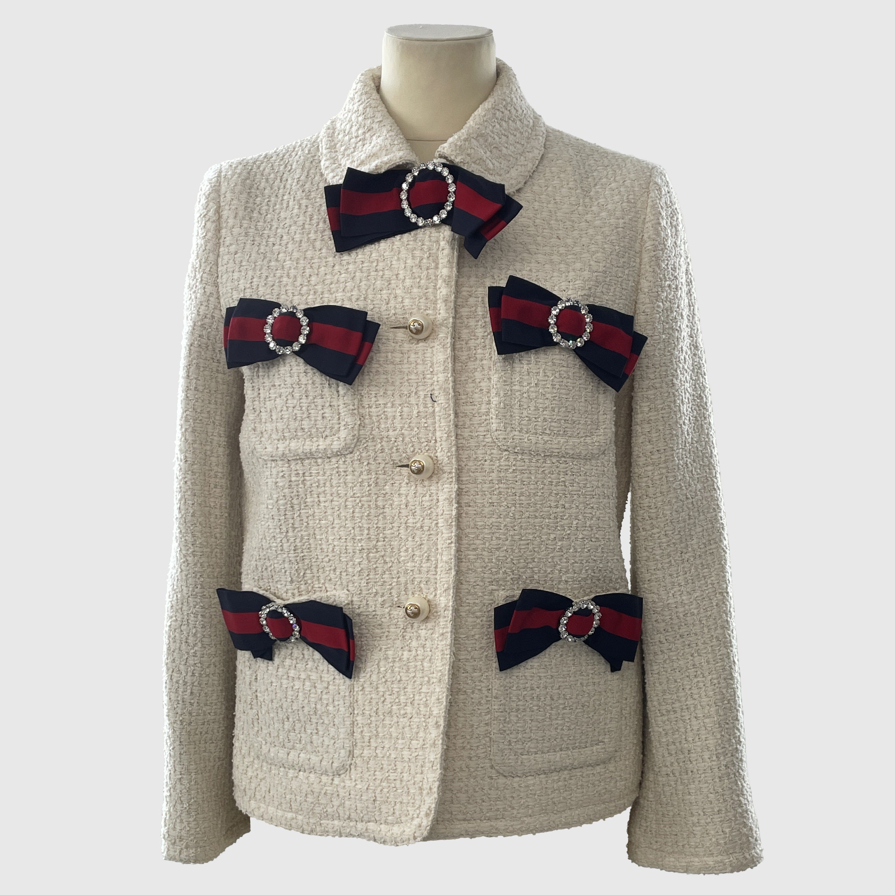 Cream/Multicolor Bow Detail Tweed Cropped Jacket Clothing Gucci 