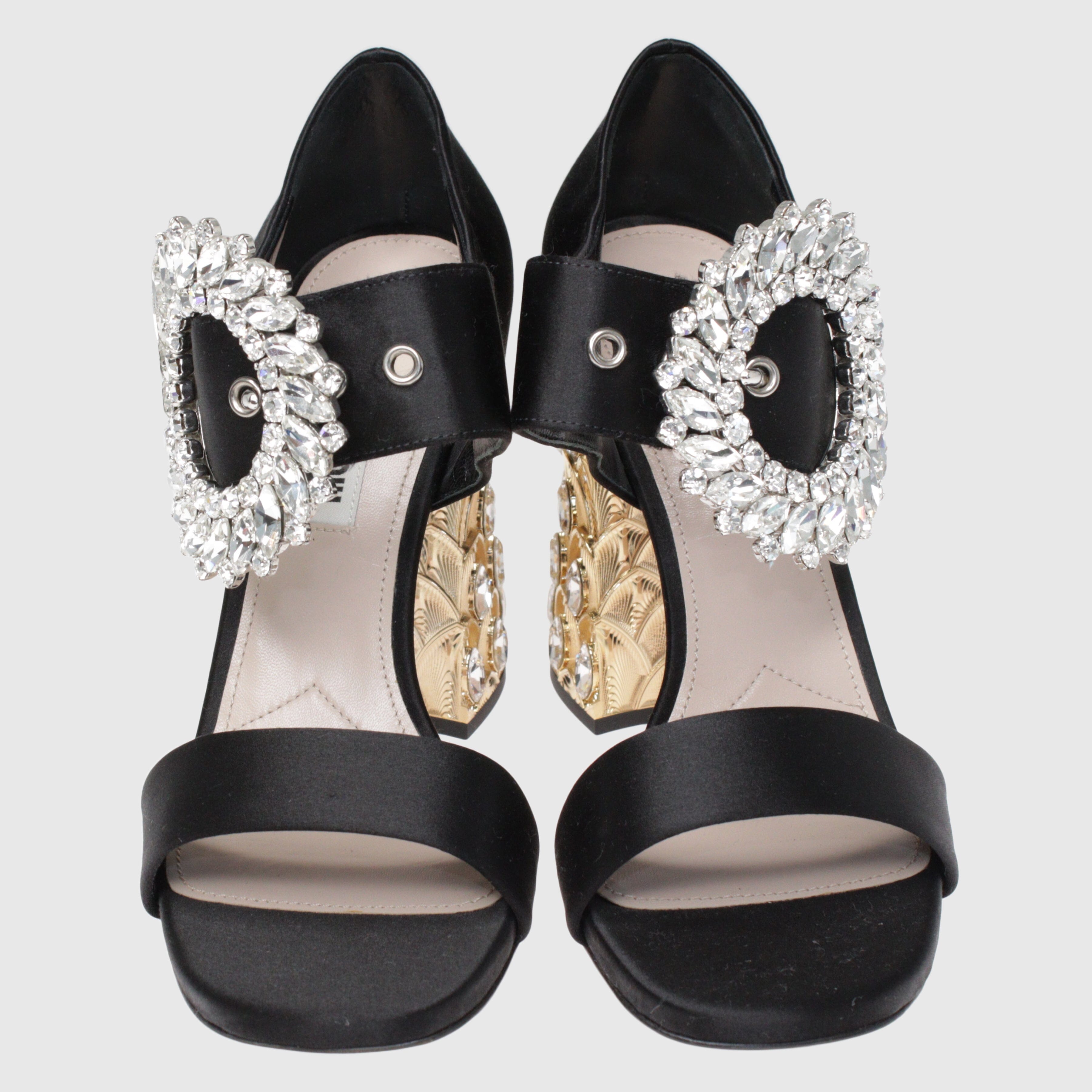 Black Crystal Embellished Ankle Strap Mules Shoes Miu Miu 