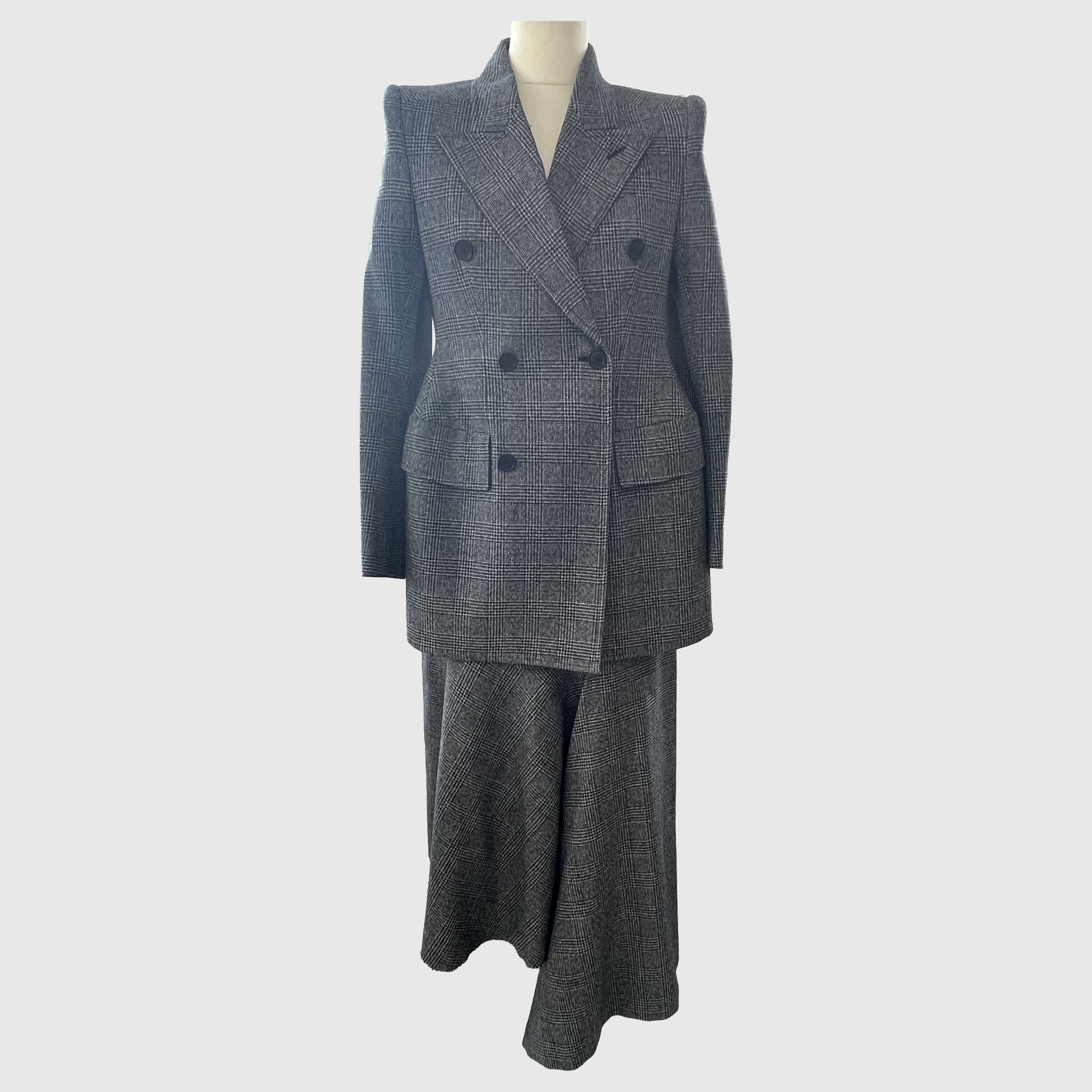 Grey Checked Blazer & Asymmetric Skirt Set Clothing Balenciaga 
