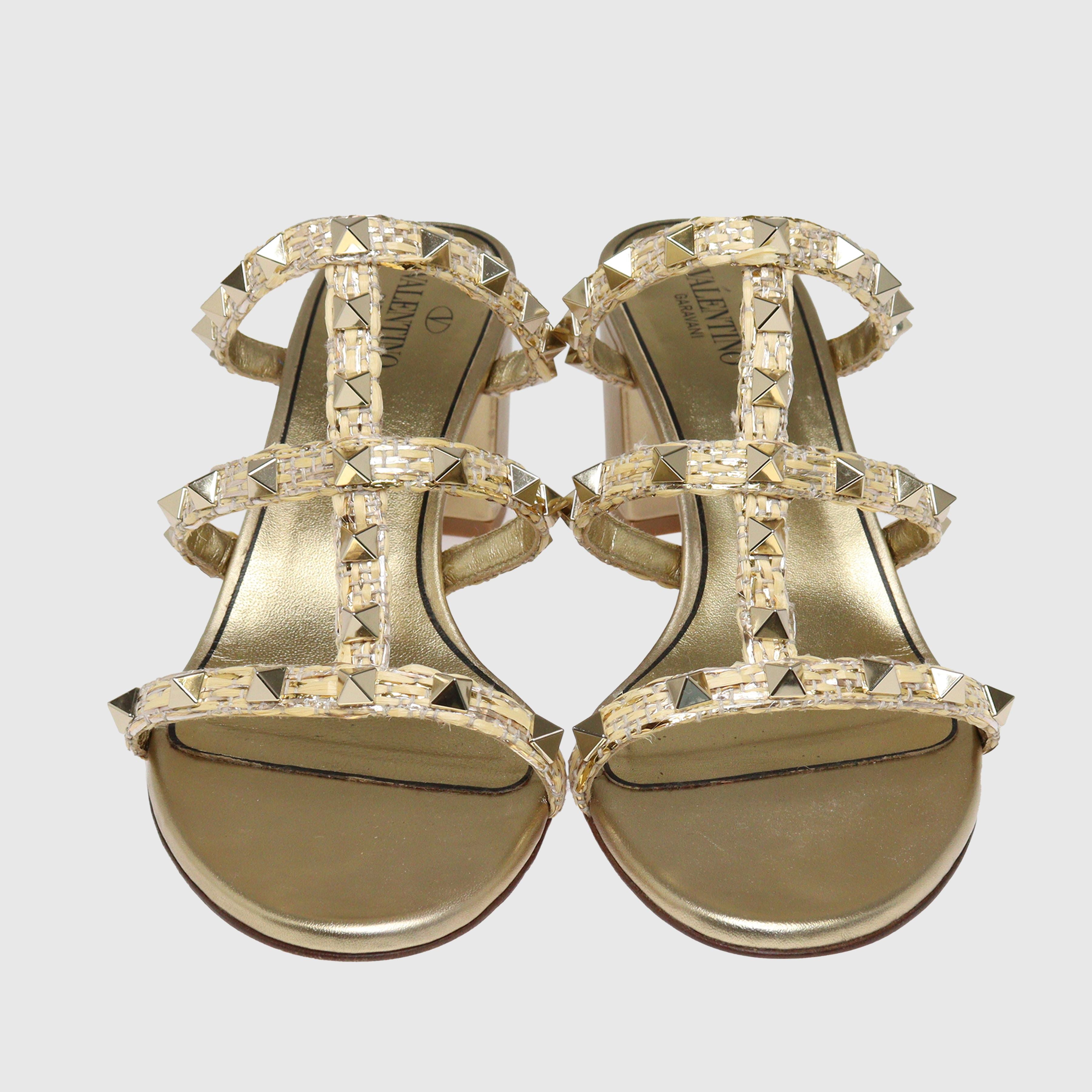 Gold Rockstud Raffia Slide Sandal Shoes Valentino 