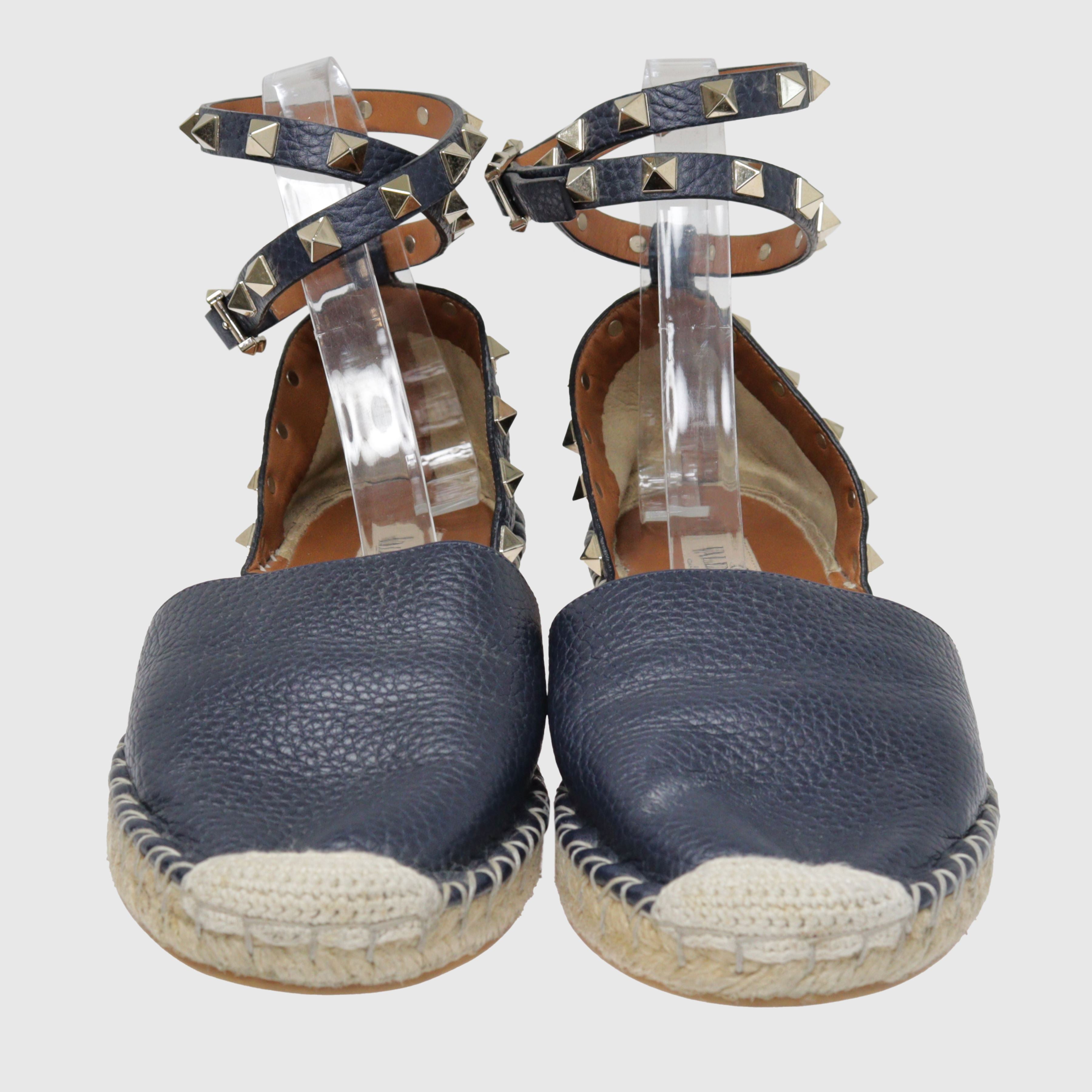 Navy Blue Rockstud Espadrilles Ankle Strap Flats Shoes Valentino 