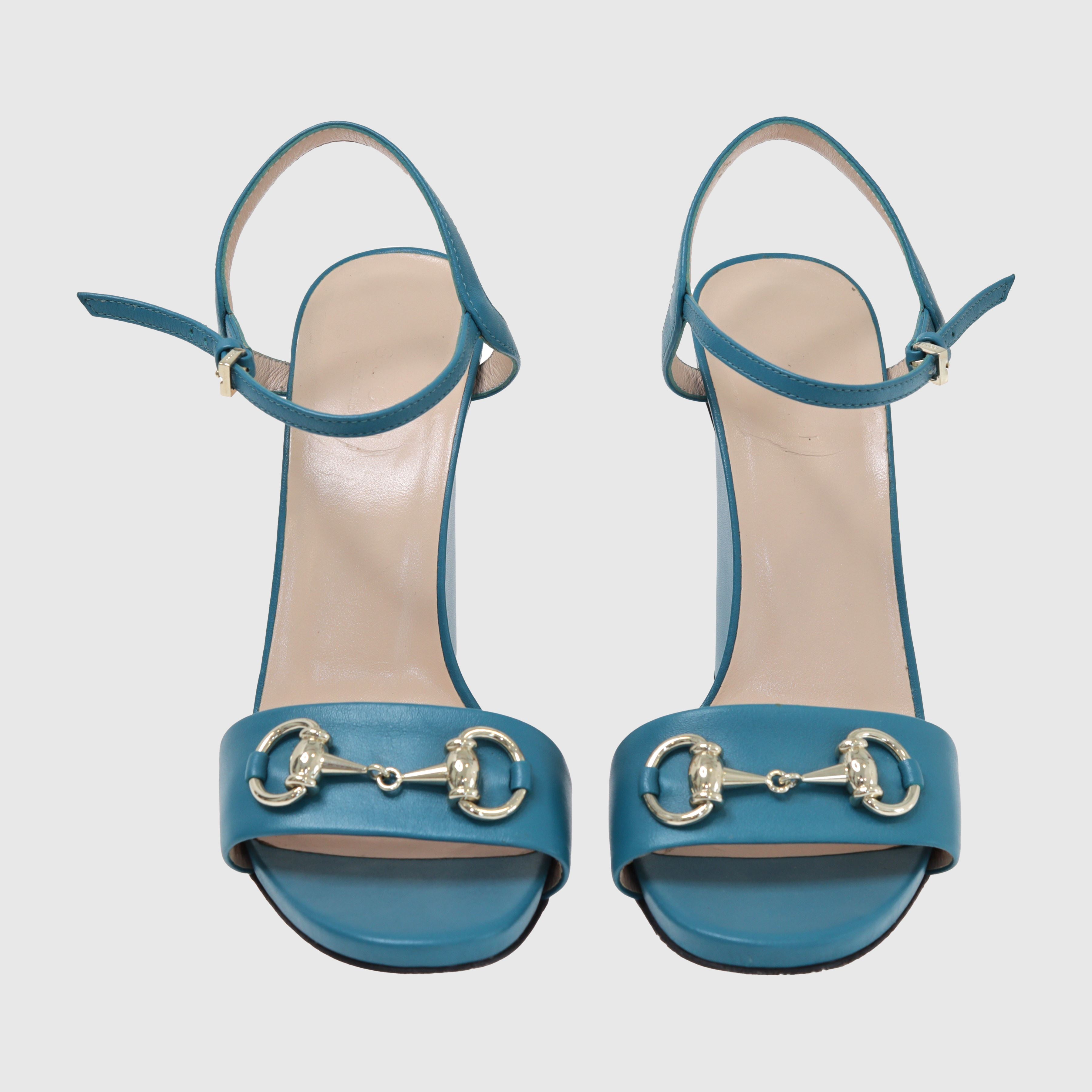 Teal Blue Horsebit Ankle Strap Sandal Shoes Gucci 