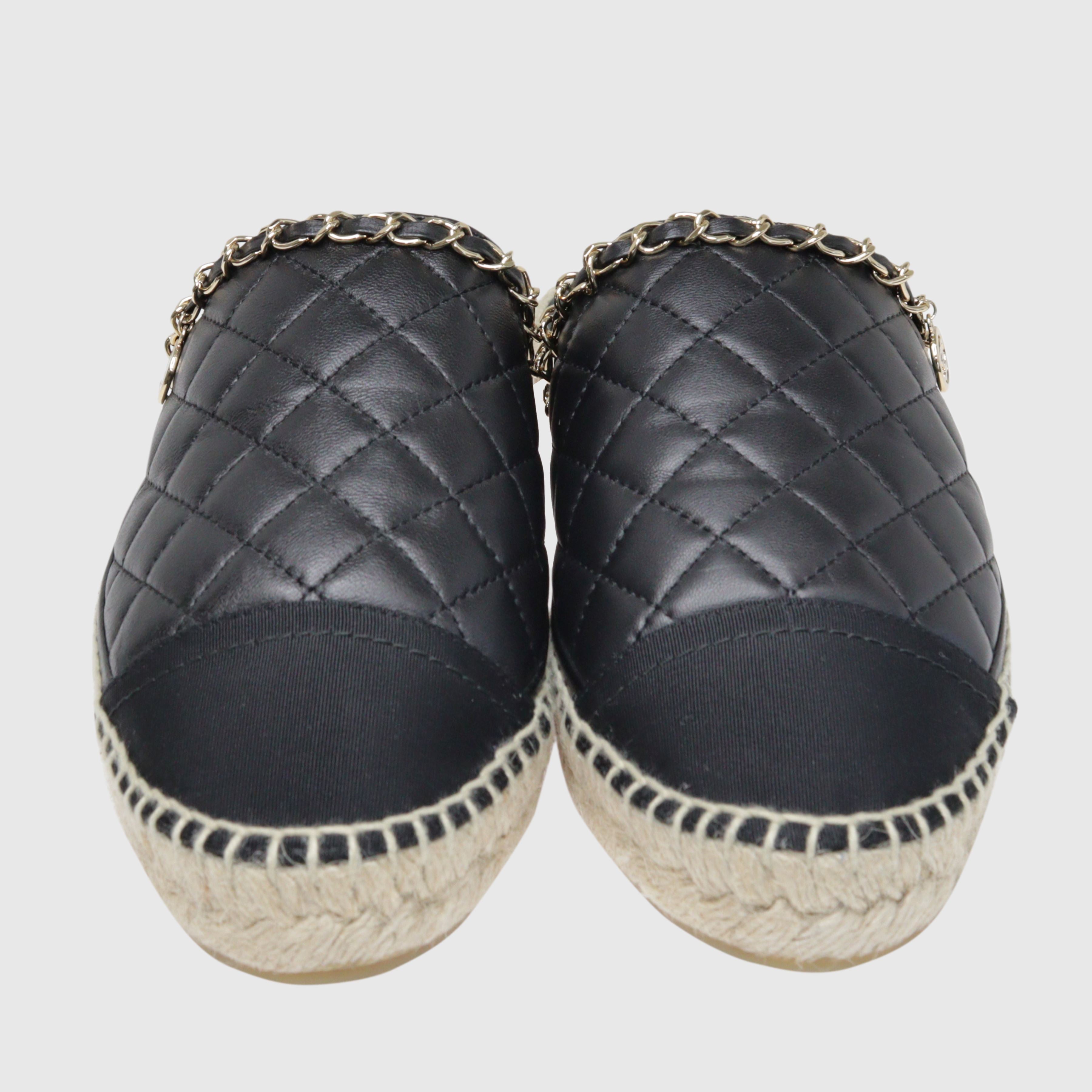 Black Quilted Cap Toe Chain Espadrille Mules Shoes Chanel 