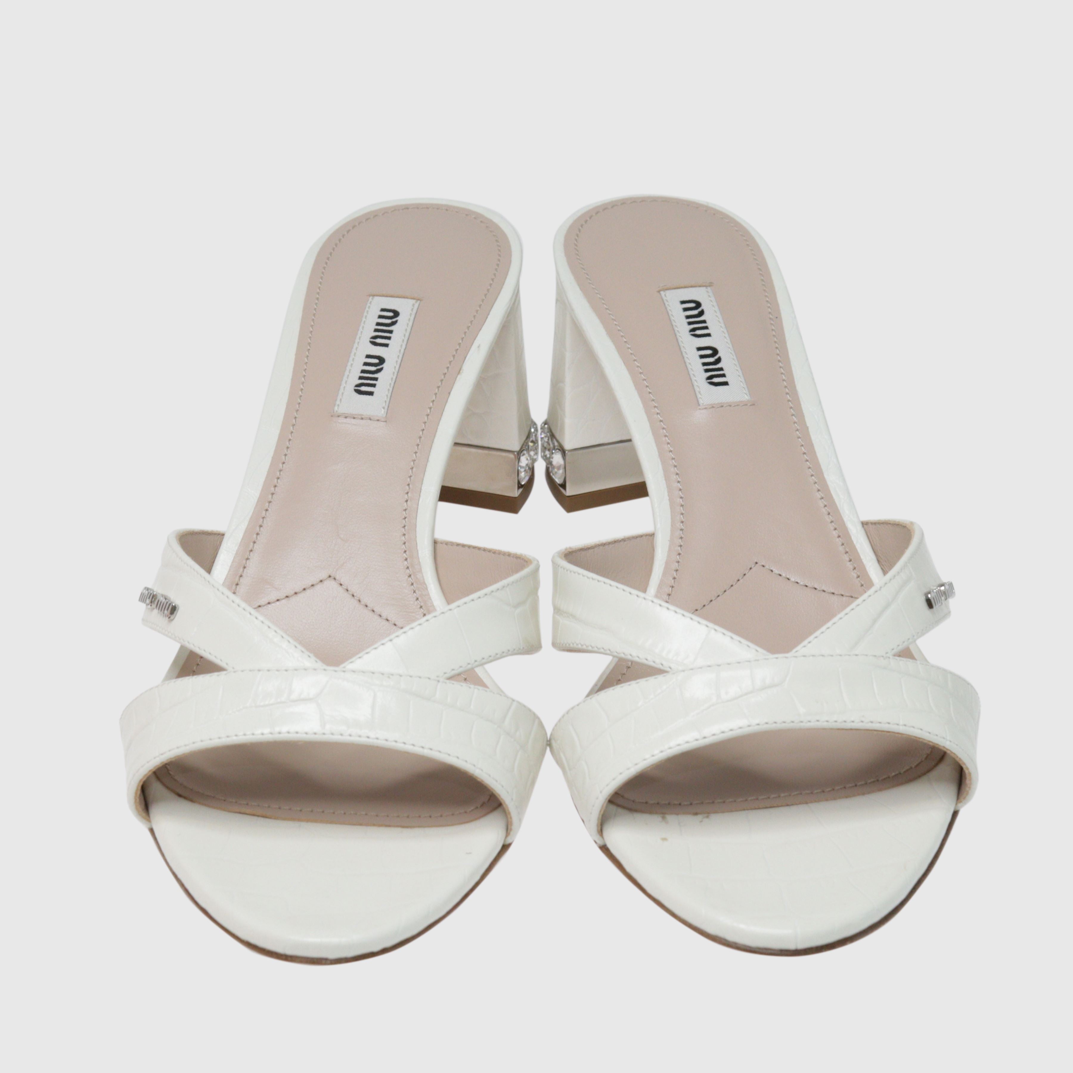 White Crystal Embellished Heel Mules Shoes Miu Miu 
