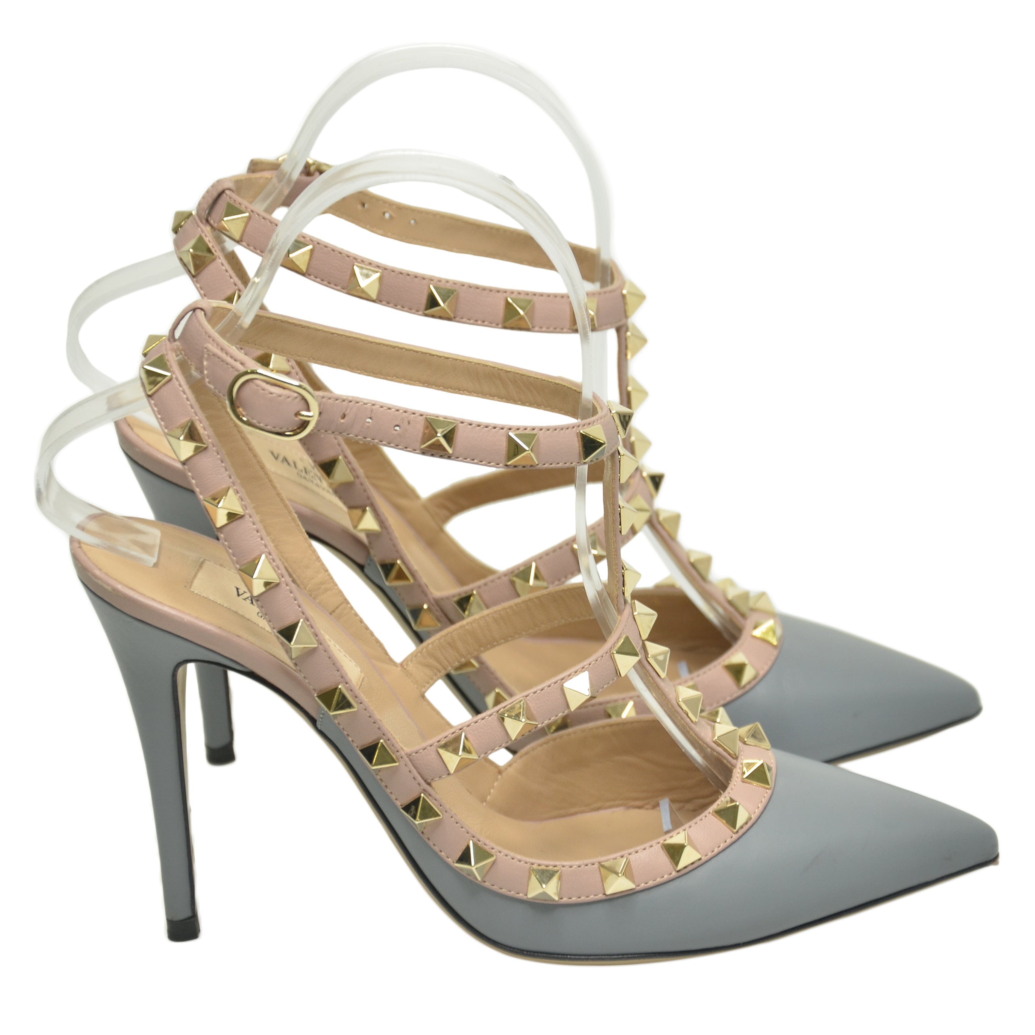Light Grey Rockstud Pointed Toe Ankle Strap Pumps Shoes Valentino