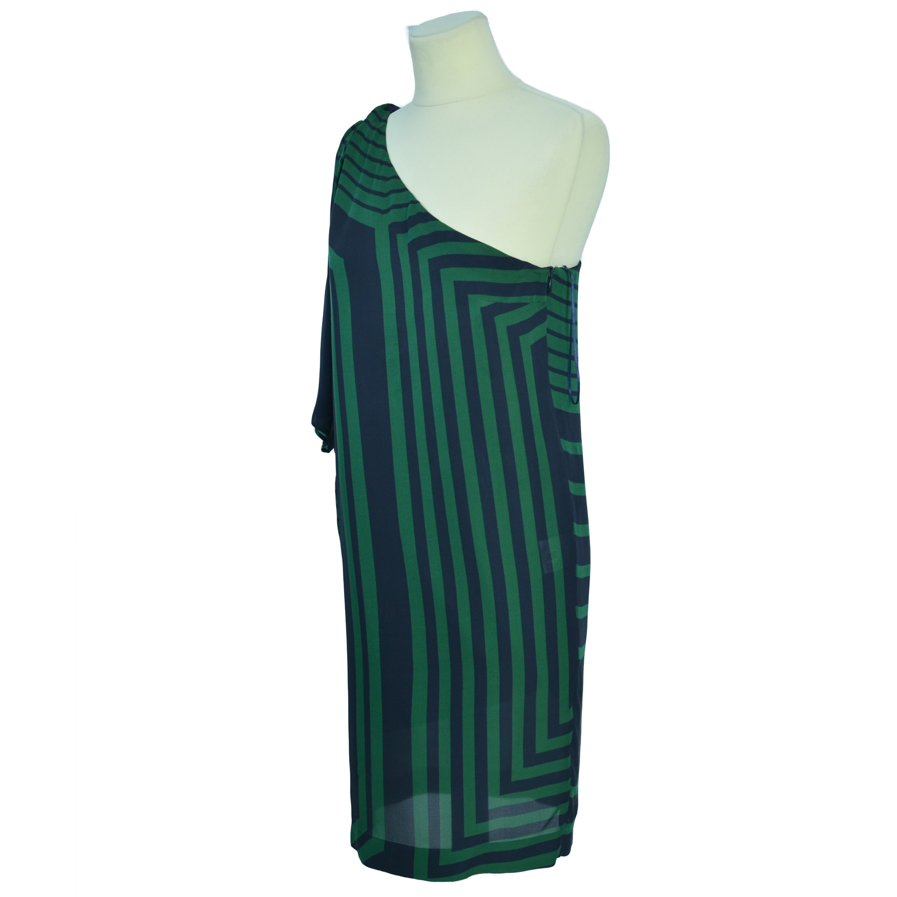 Green/Black Striped One Shoulder Short Casual Dress Clothing Stella McCartney