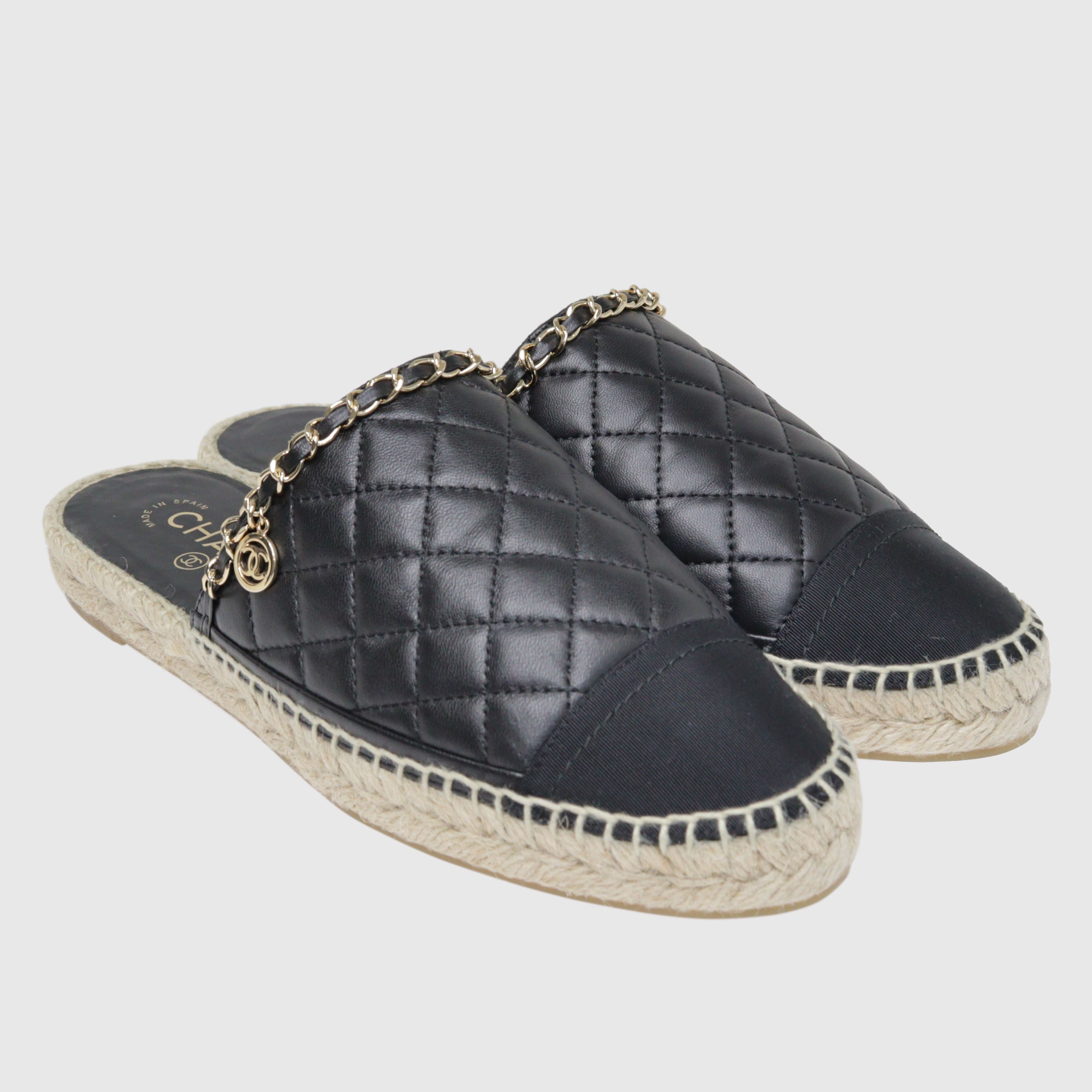 Black Quilted Cap Toe Chain Espadrille Mules Shoes Chanel 