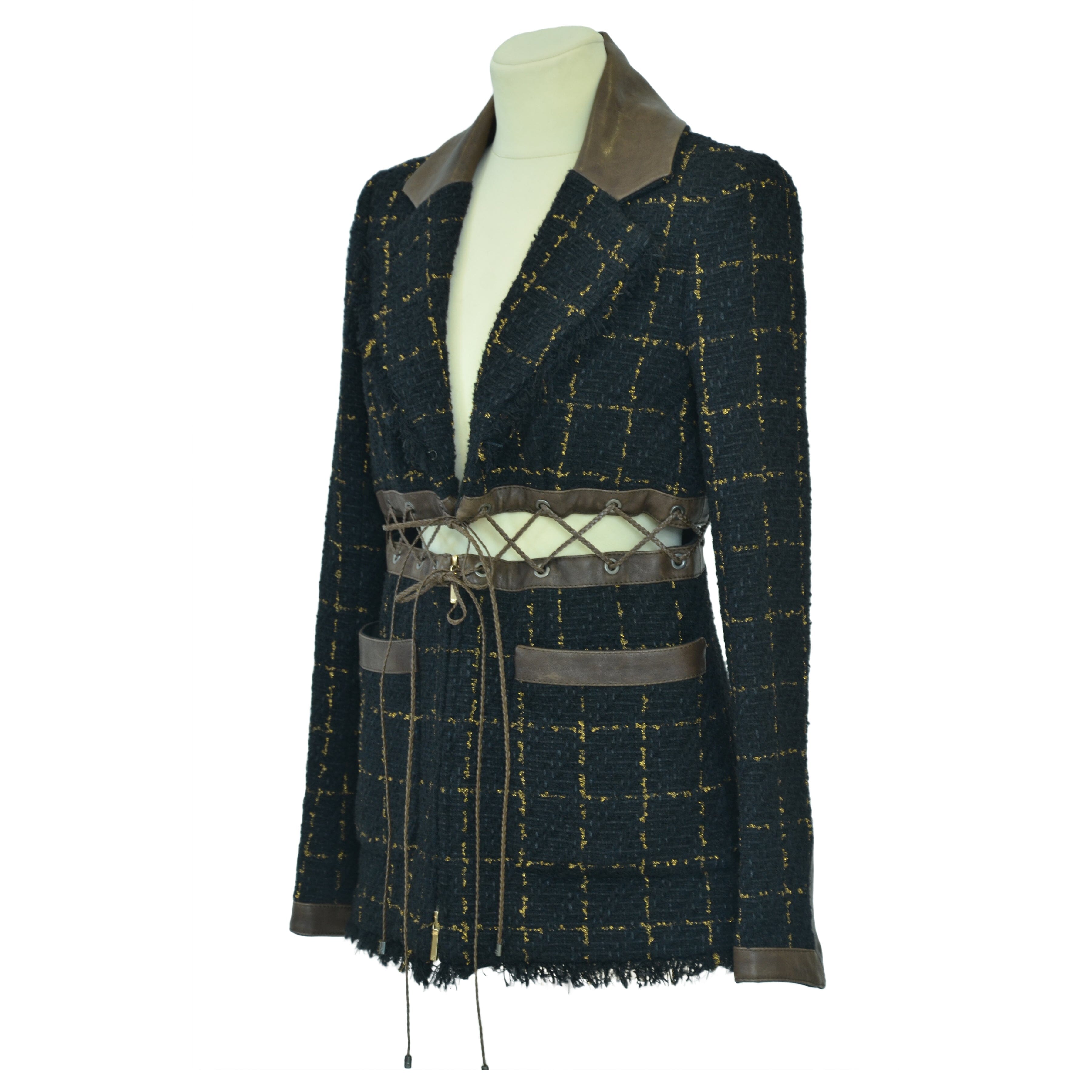 Black/Gold Fantasy Tweed Jacket with Leather Trims Clothing Chanel