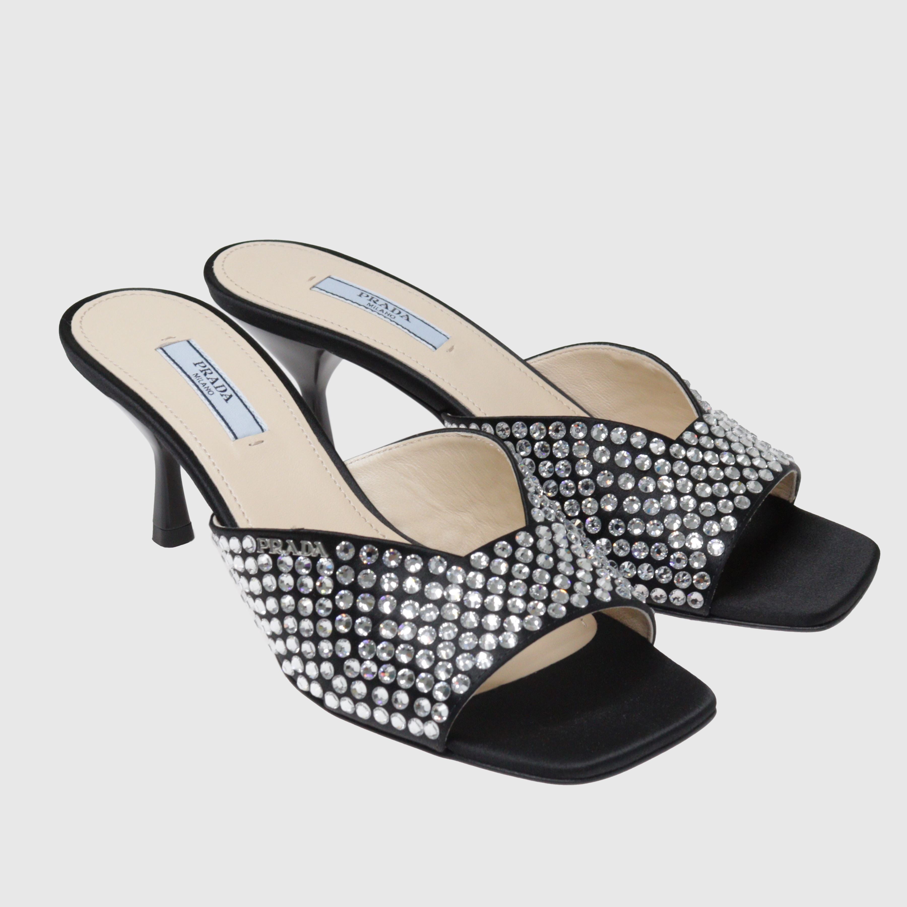 Black Crystal Embellished Mules Shoes Prada 