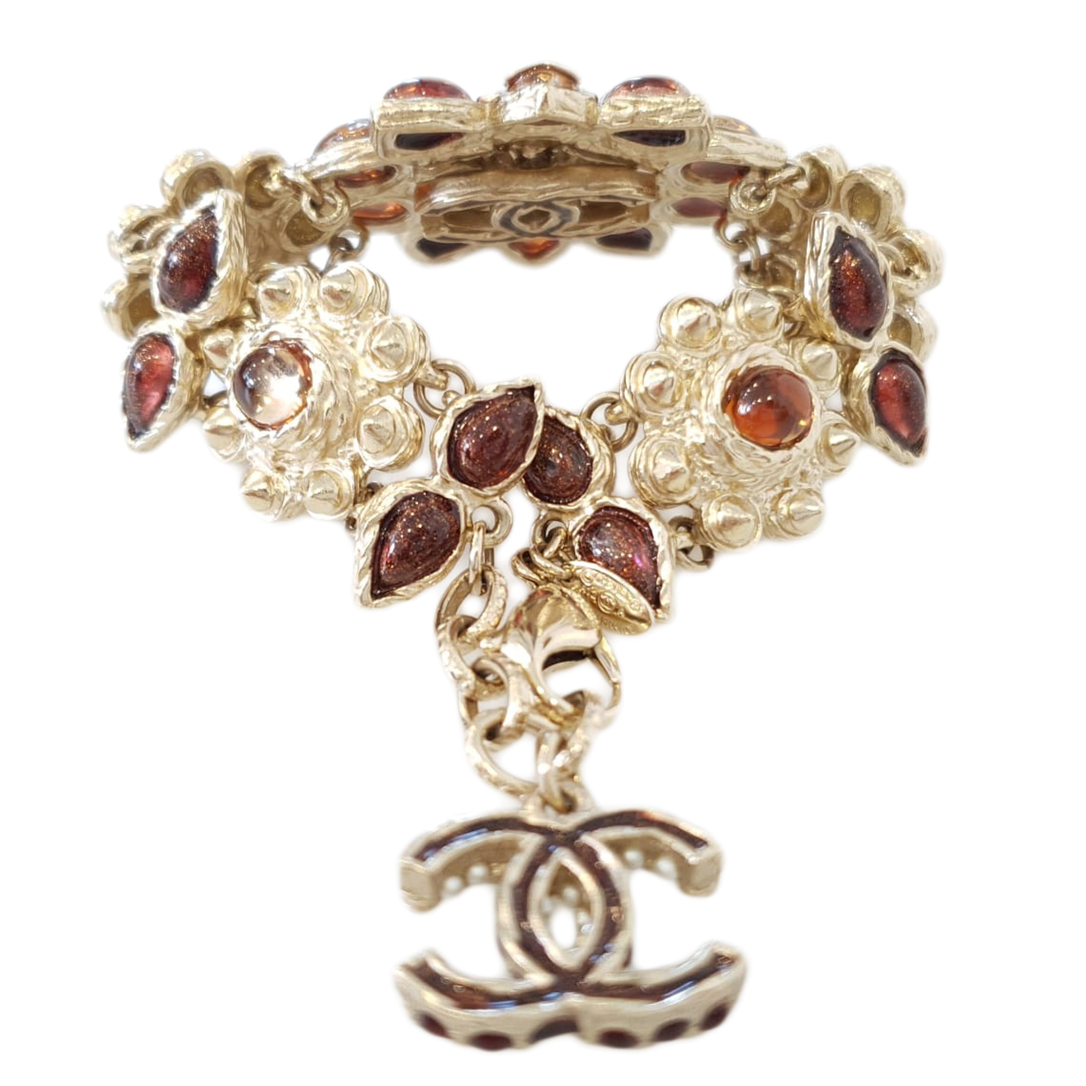 Chanel Gold Multiple Flower Design with Stones Pearl CC Bracelet Accessories Chanel