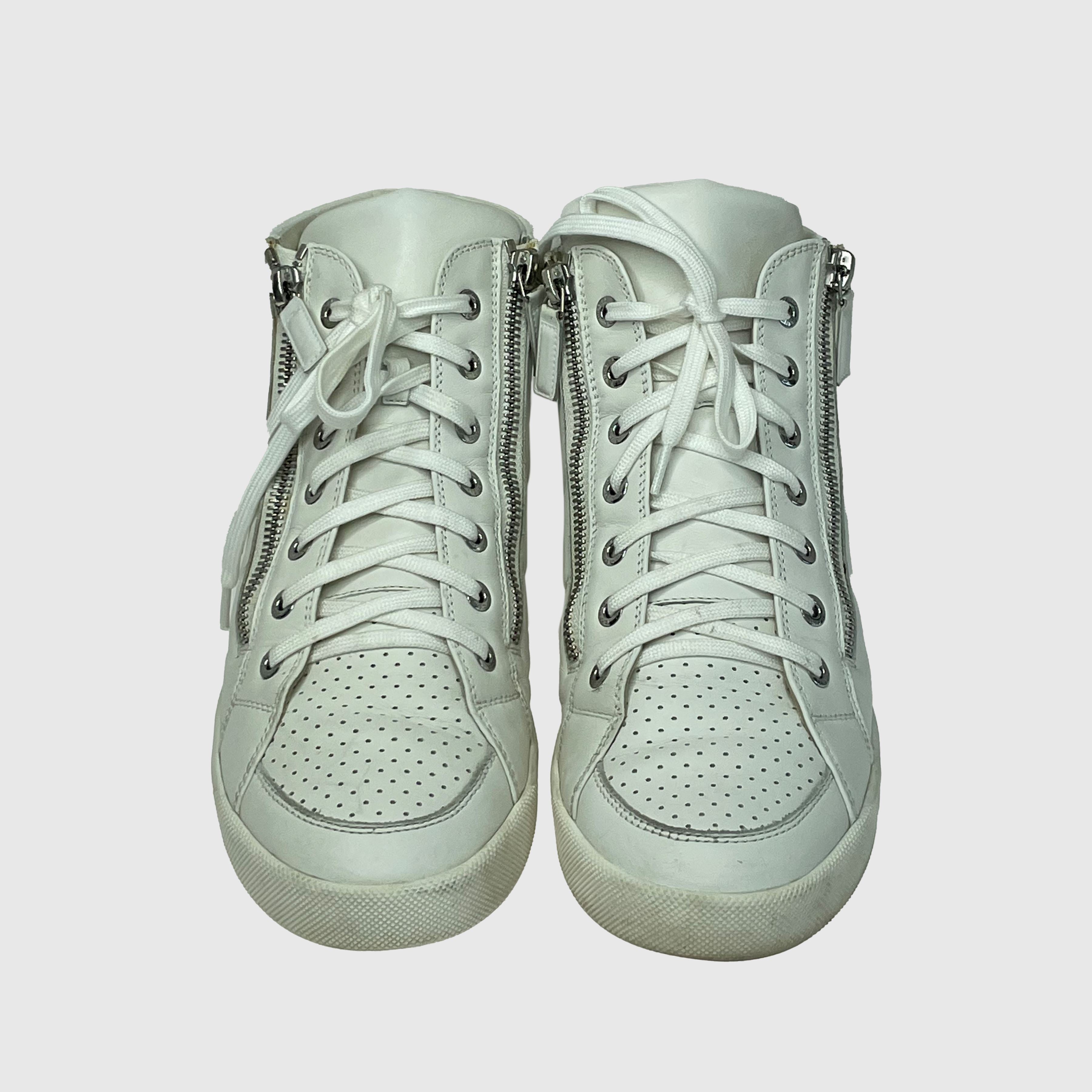 White Leather CC High Top Sneakers Shoes Chanel 
