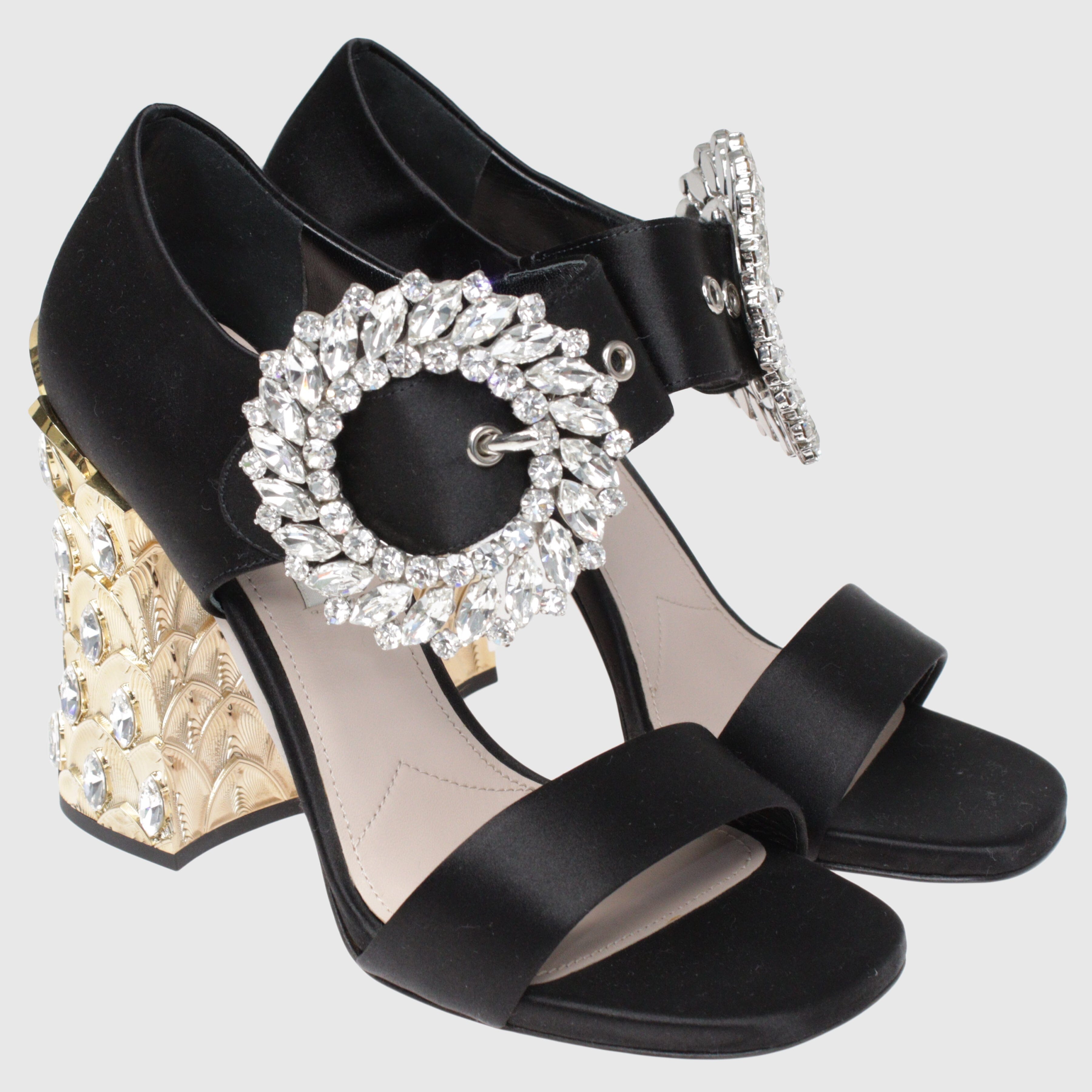Black Crystal Embellished Ankle Strap Mules Shoes Miu Miu 
