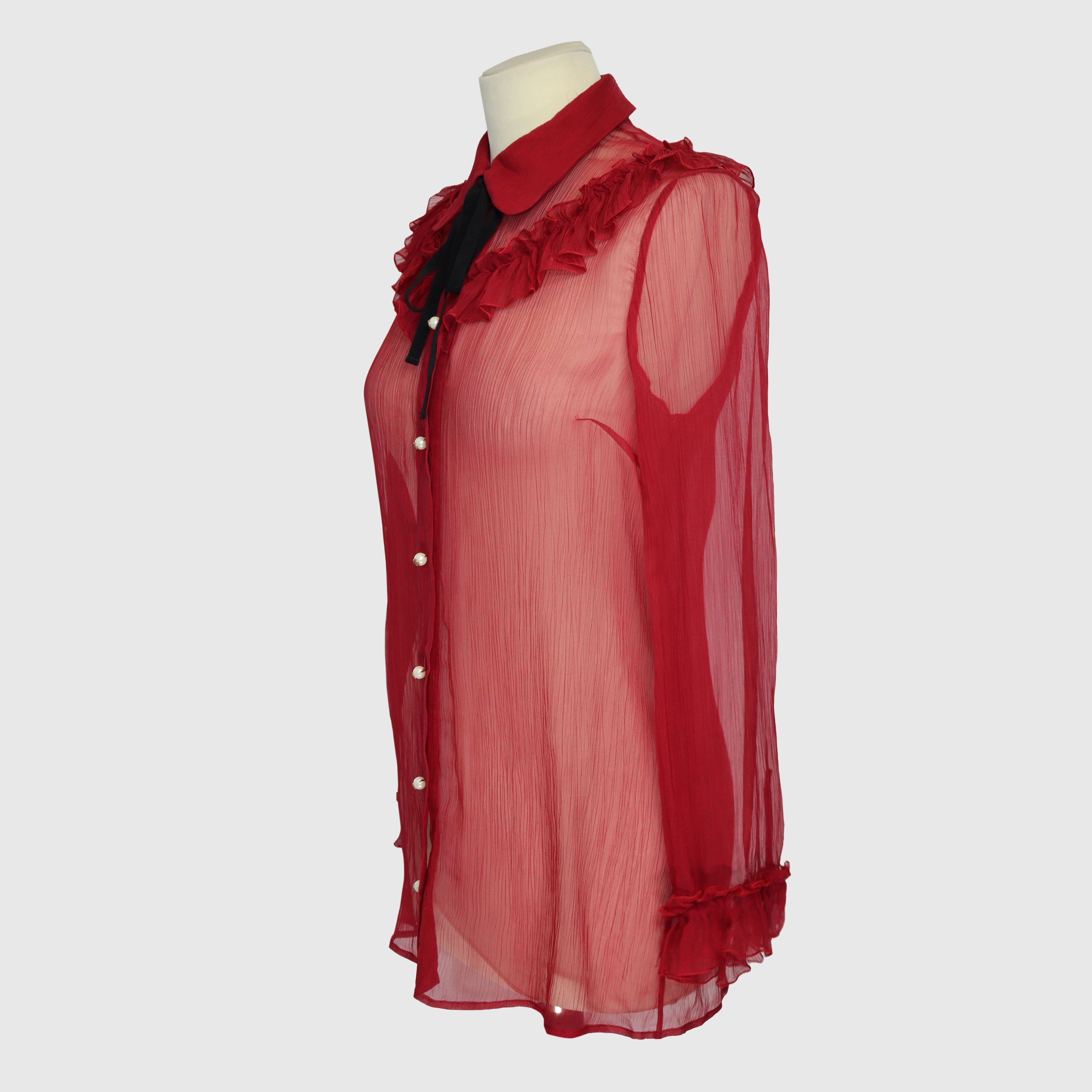 Red Faux Pearl Ruffle Trim Blouse Clothing Gucci 