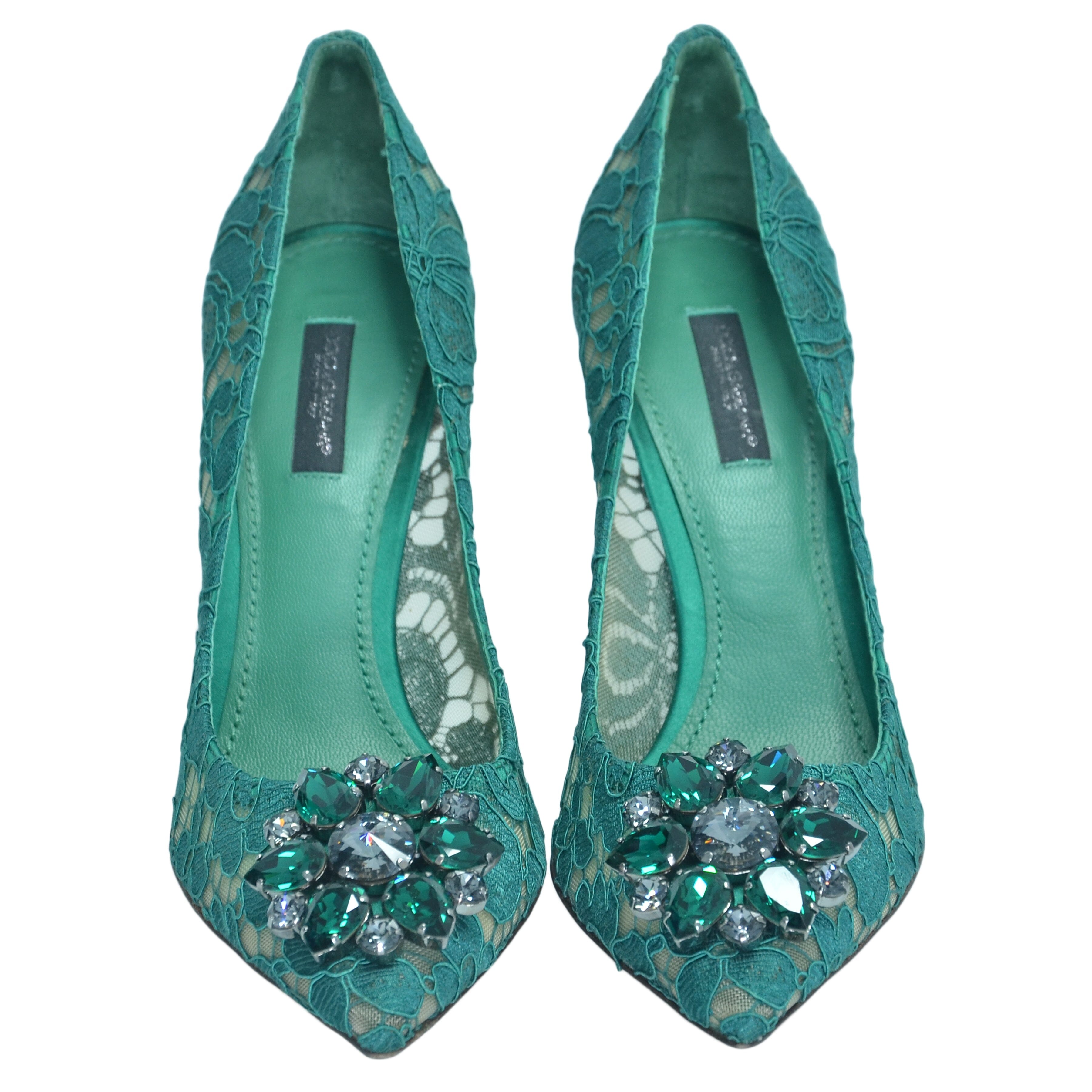 Green Lace Bellucci 90 Crystal Embellished Pumps Shoes Dolce & Gabbana 