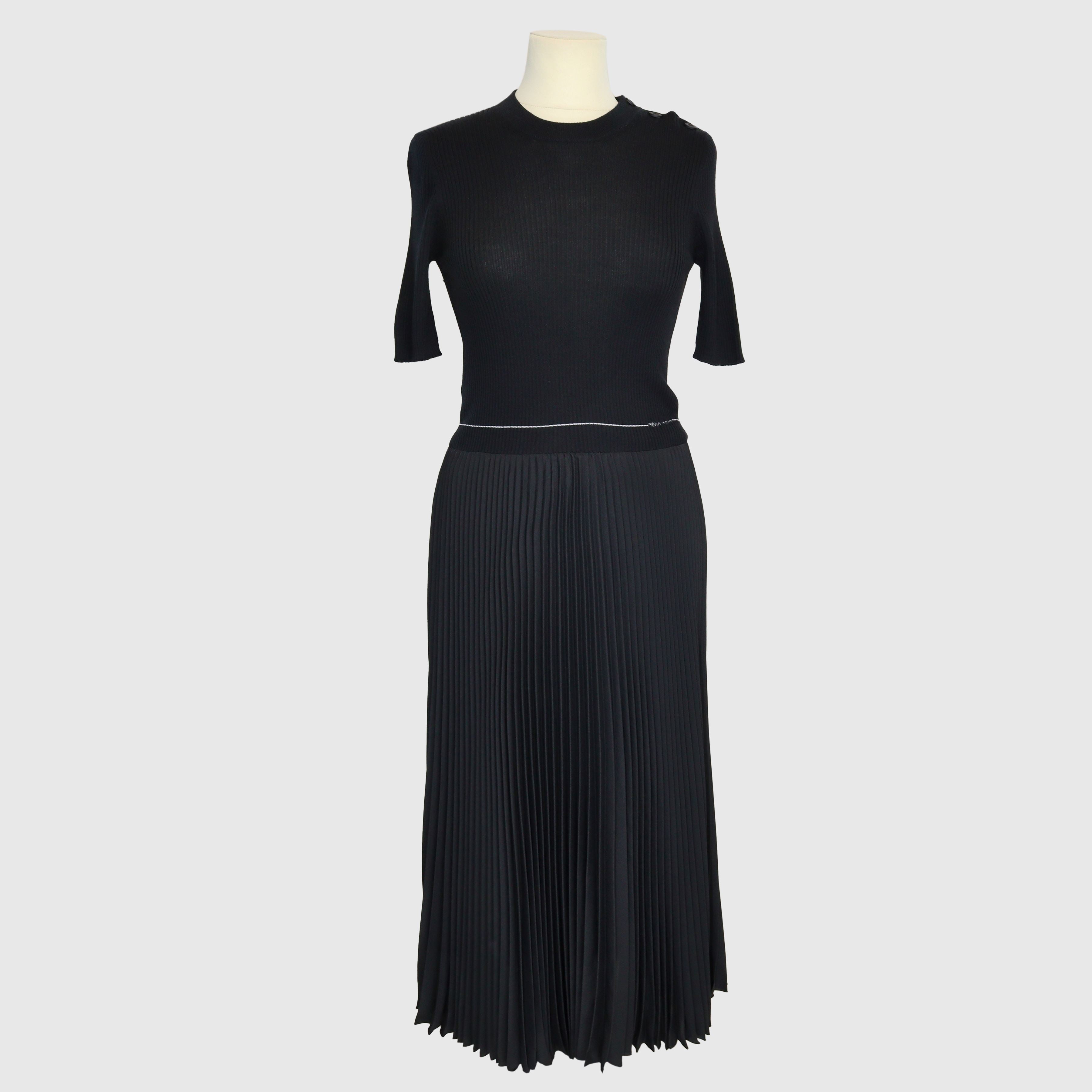 Black Ribbed Knit and Plisse Midi Dress Clothing Prada 