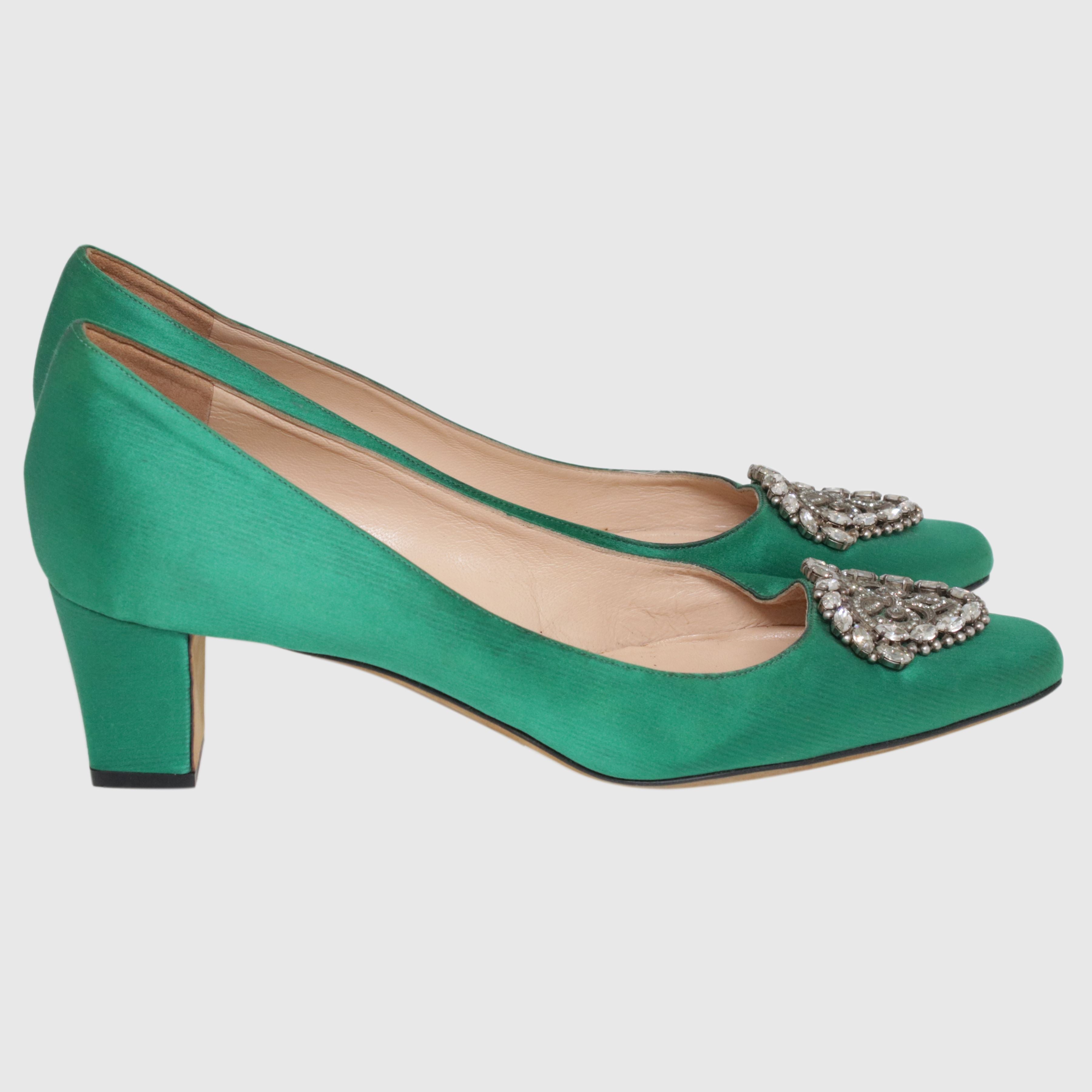 Emerald Green Okkato Crystal Embellished Block Heel Pumps Shoes Manolo Blahnik 