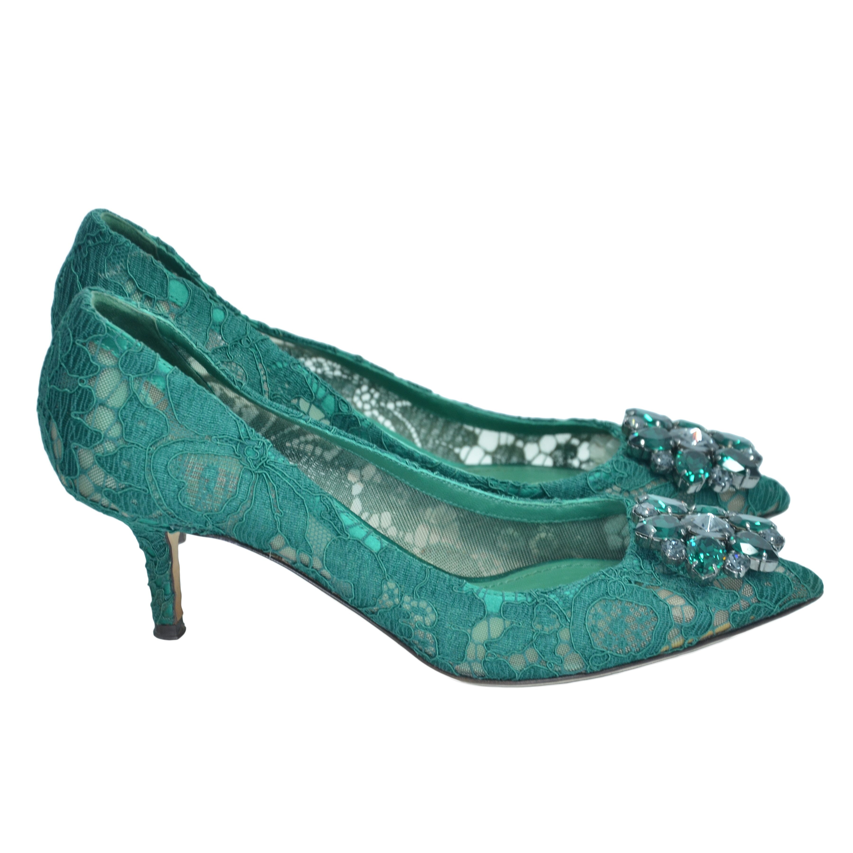 Green Lace Bellucci Crystal Embellished Pumps Shoes Dolce & Gabbana