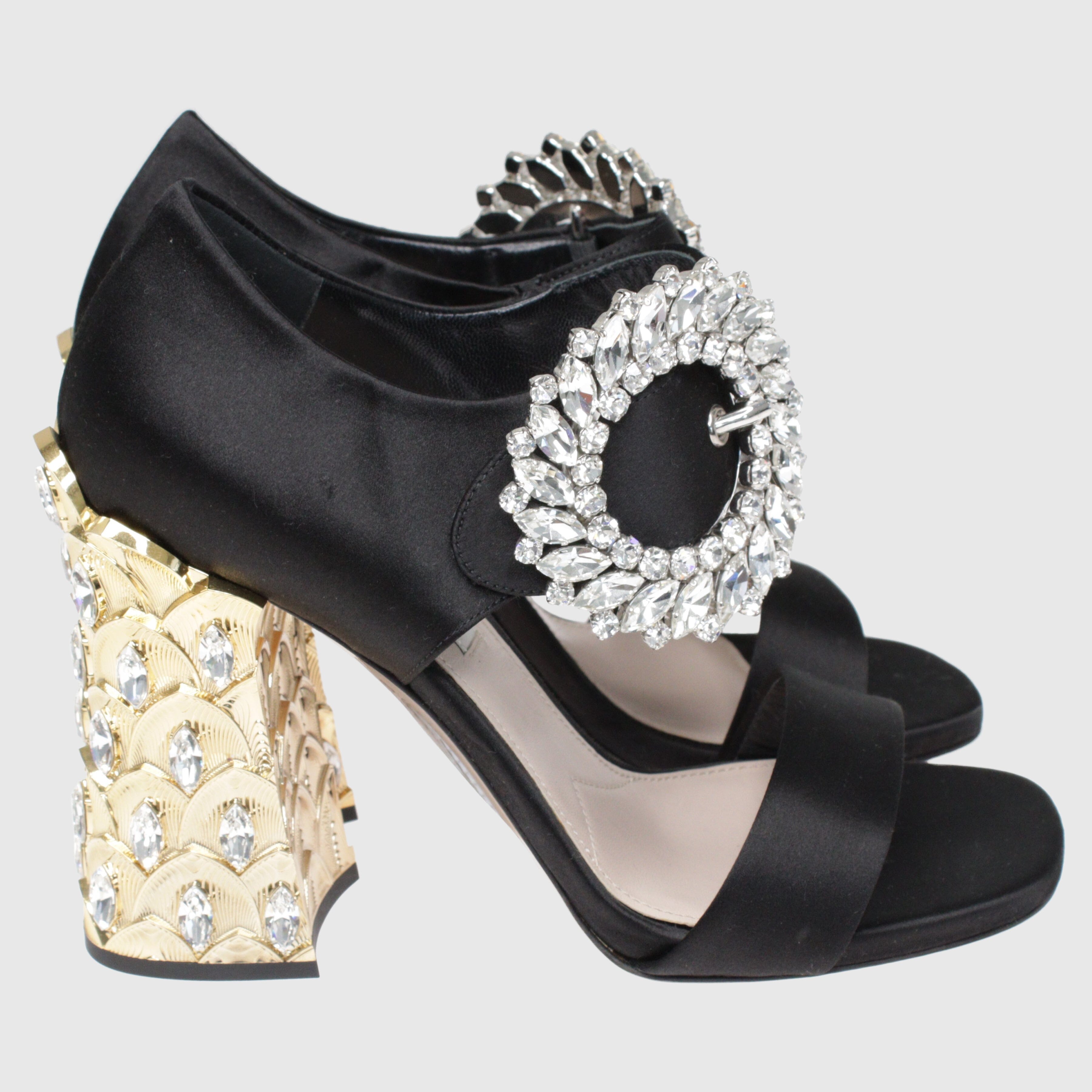 Black Crystal Embellished Ankle Strap Mules Shoes Miu Miu 