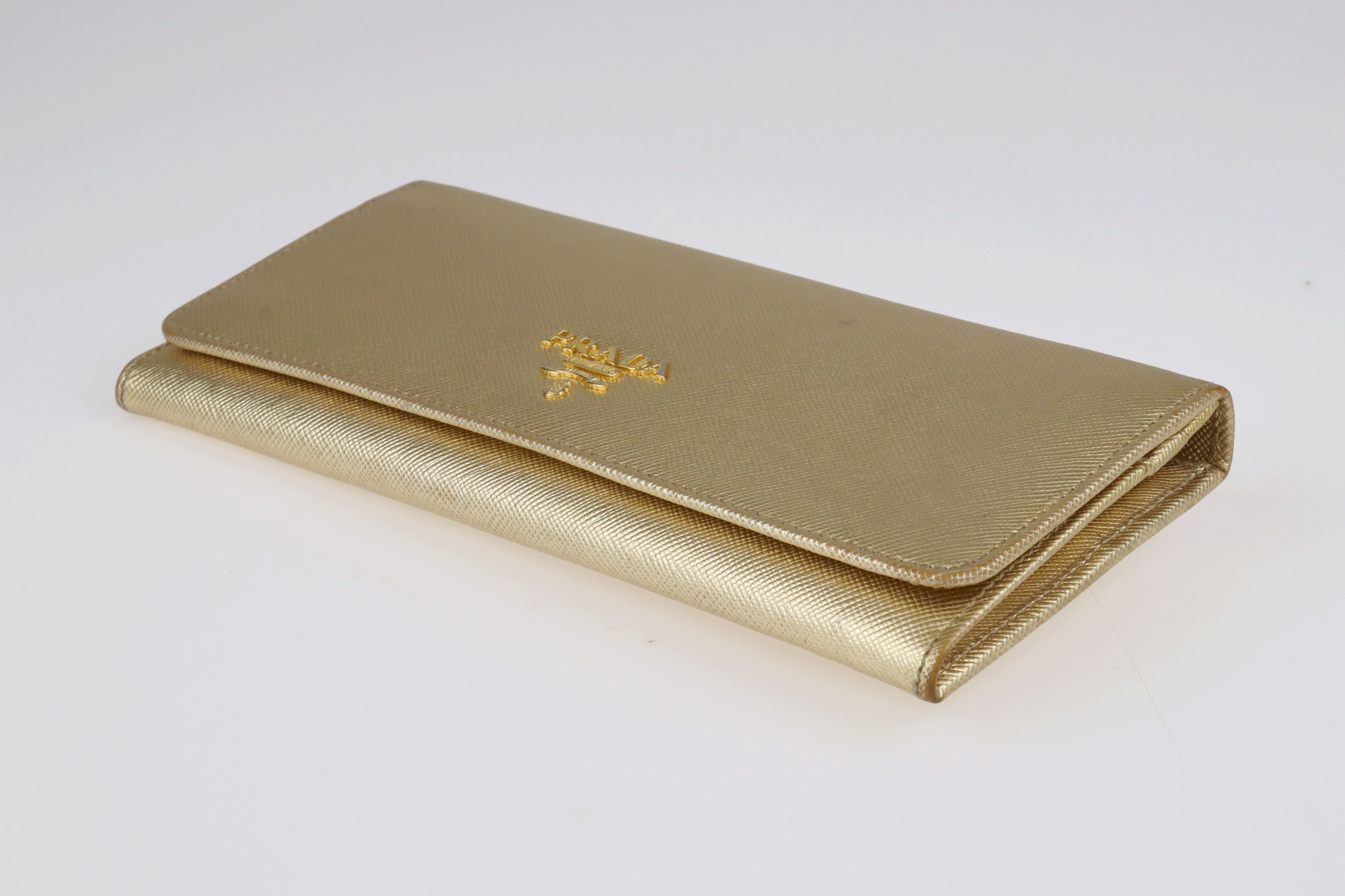 Metallic Gold Saffiano Metal Continental Wallet Accessories Prada 