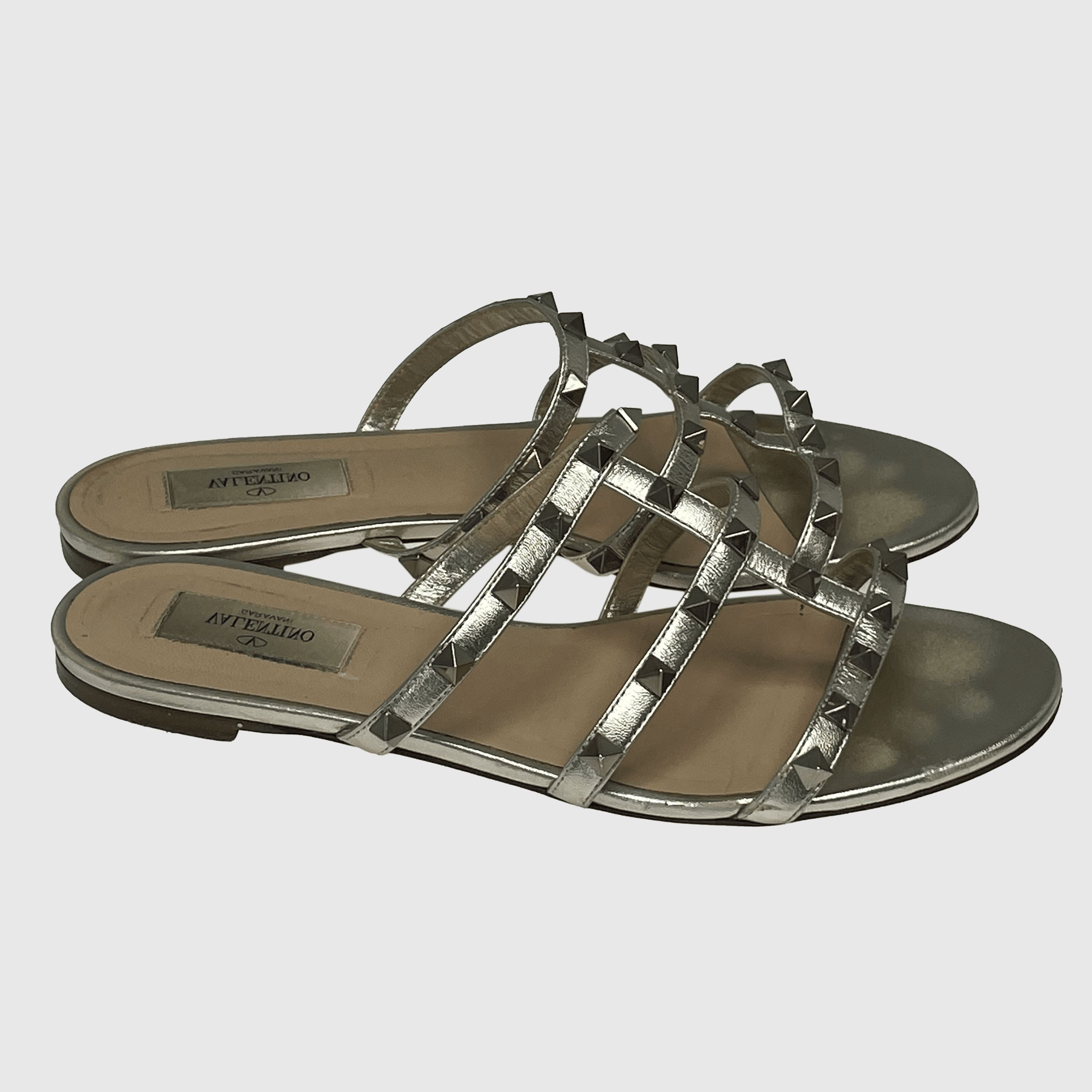 Silver Rockstud Slide Flat Sandals
